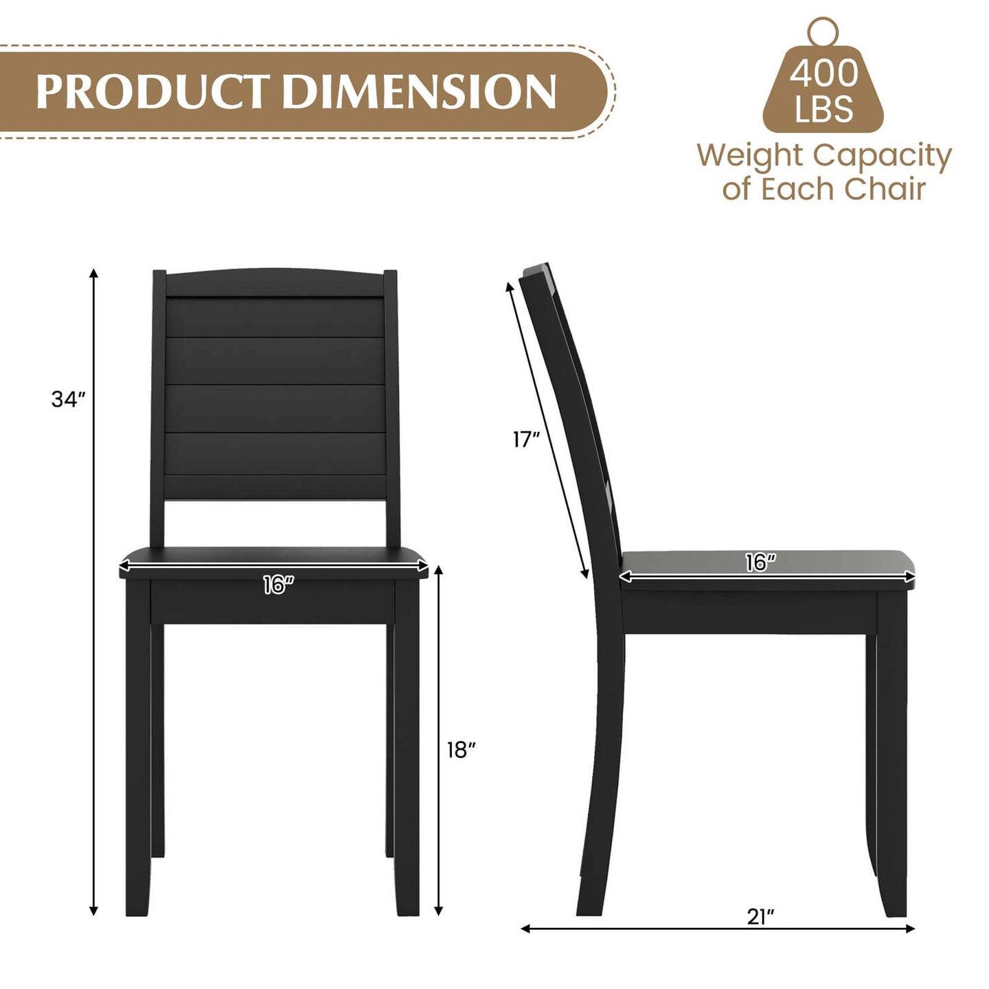Costway Armless Wood Dining Chair Set of 2 with Rubber Wood Legs Curved Backrest Kitchen White/Black
