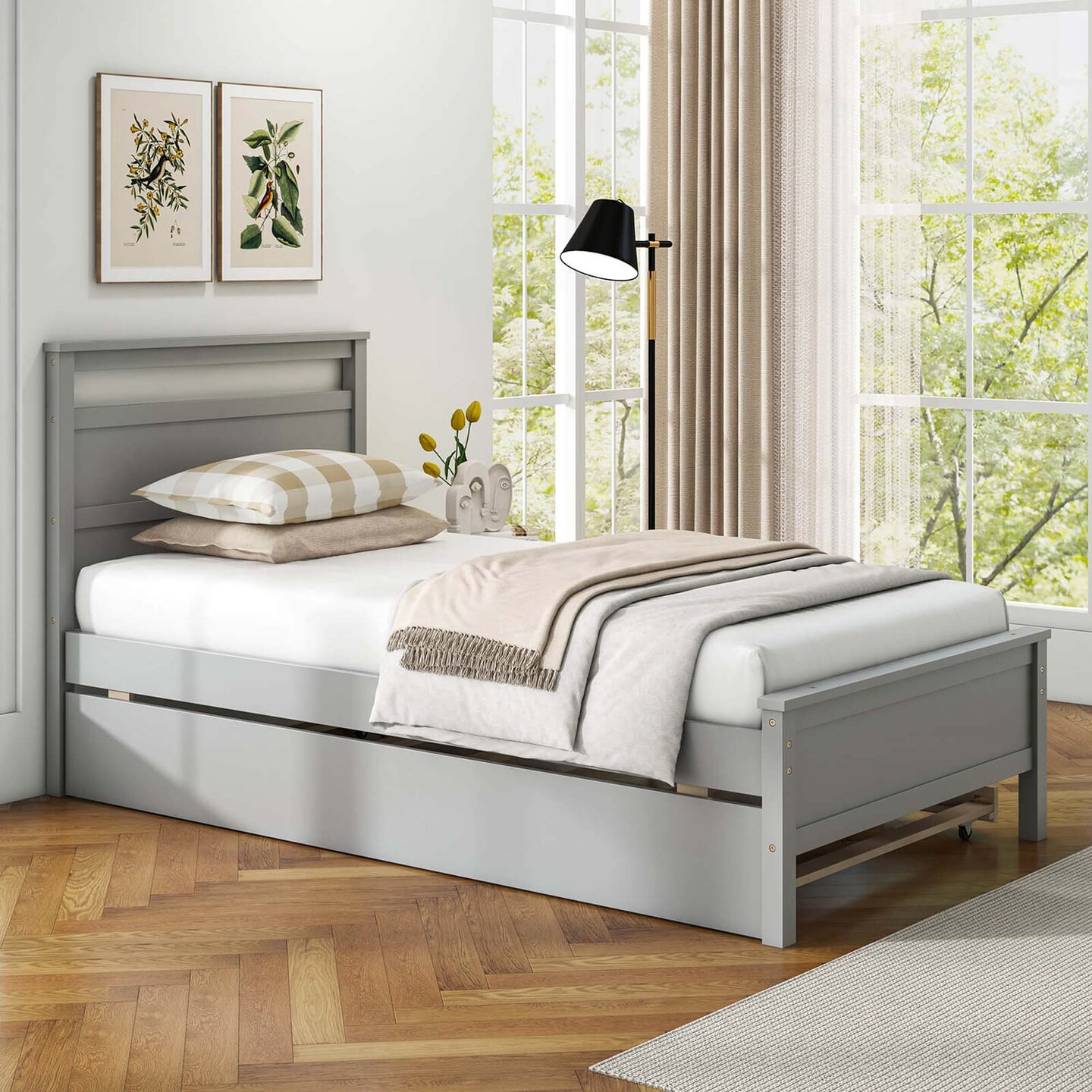 Costway Twin Size Platform Bed with Trundle Pull-out Trundle Headboard & Footboard Gray/White