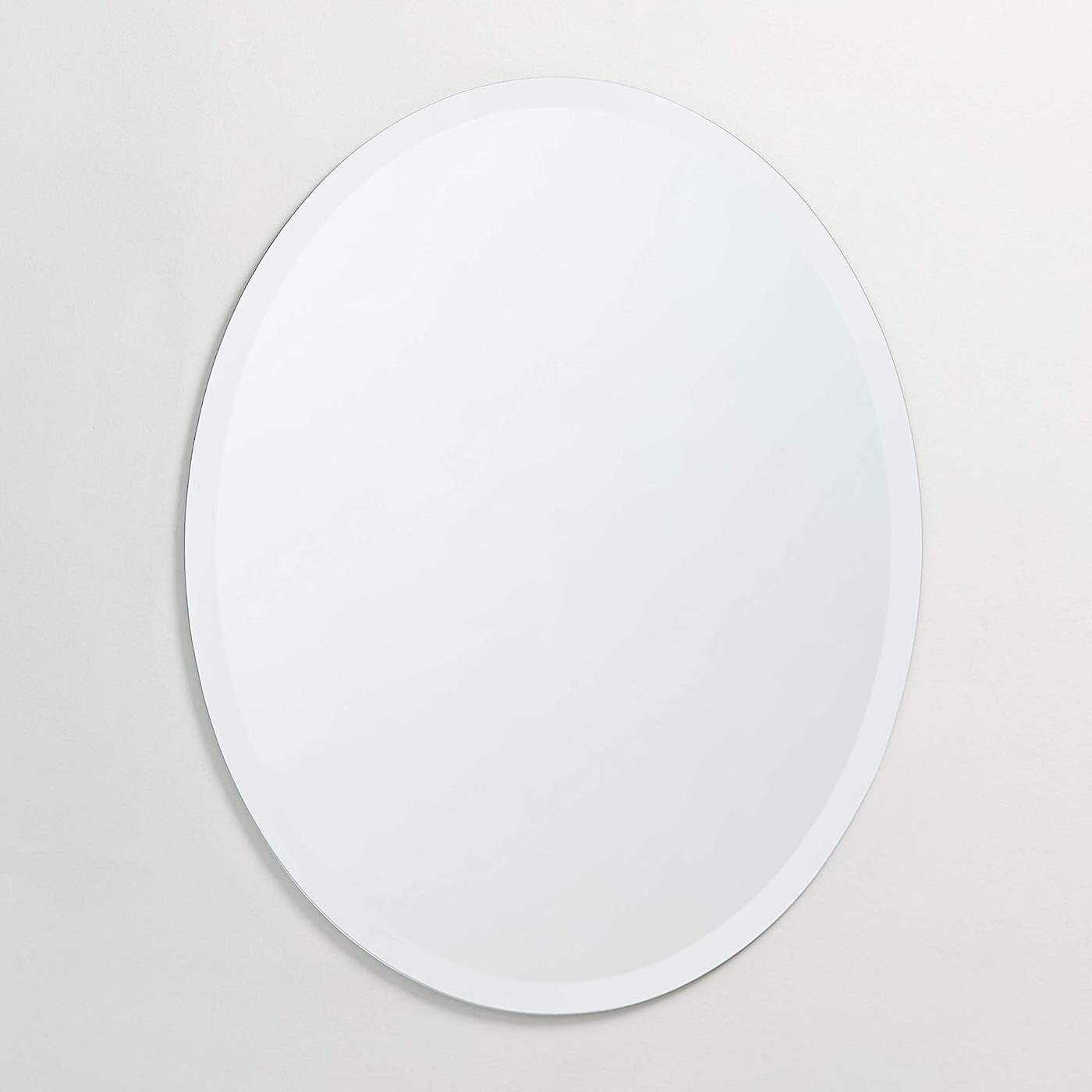 Silver Oval Glass Frameless Vanity Wall Mirror with Beveled Edge and Flush Mount
