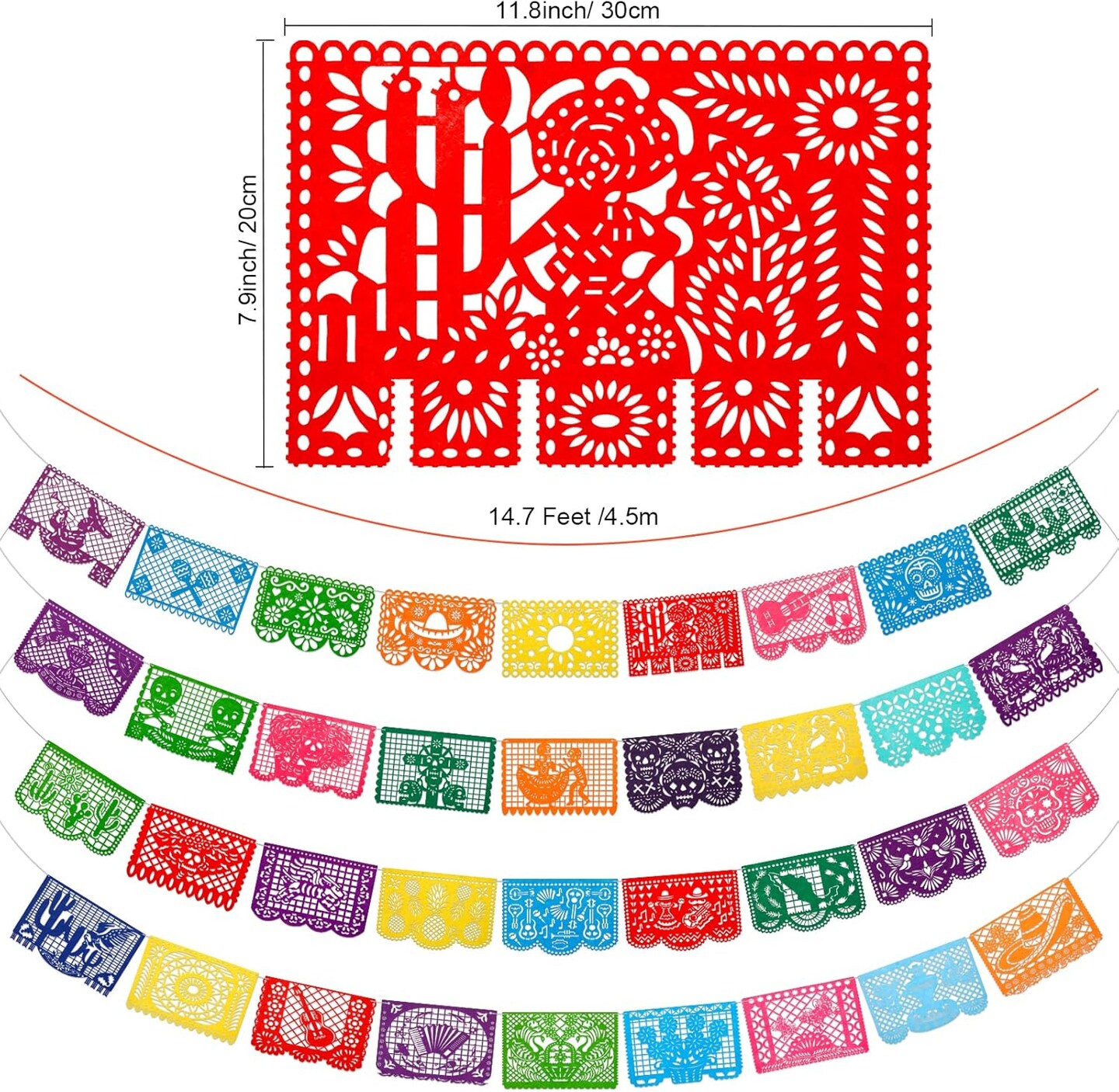 4pcs Mexican Fiesta Party Felt Banner(11.8 * 7.9 inch) Cinco de Mayo Fiesta Banner Dia De Los Muertos Day of The Dead Fiesta Papel Picado Hanging Banner Party Decorations 4 Different Designs