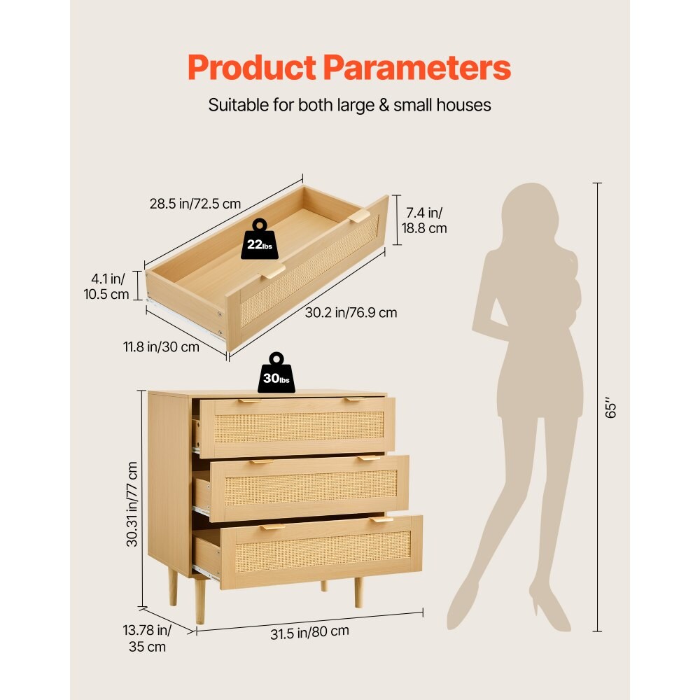 Natural Rattan 3 Drawer Dresser with Wooden Legs and Metal Handles