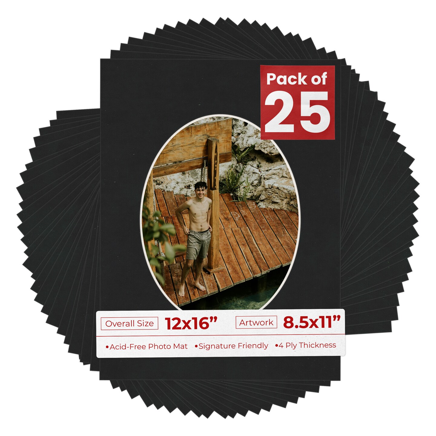 Black Suede Mat Board for 12x16 Frames - Oval Opening for 8.5x11 Photos