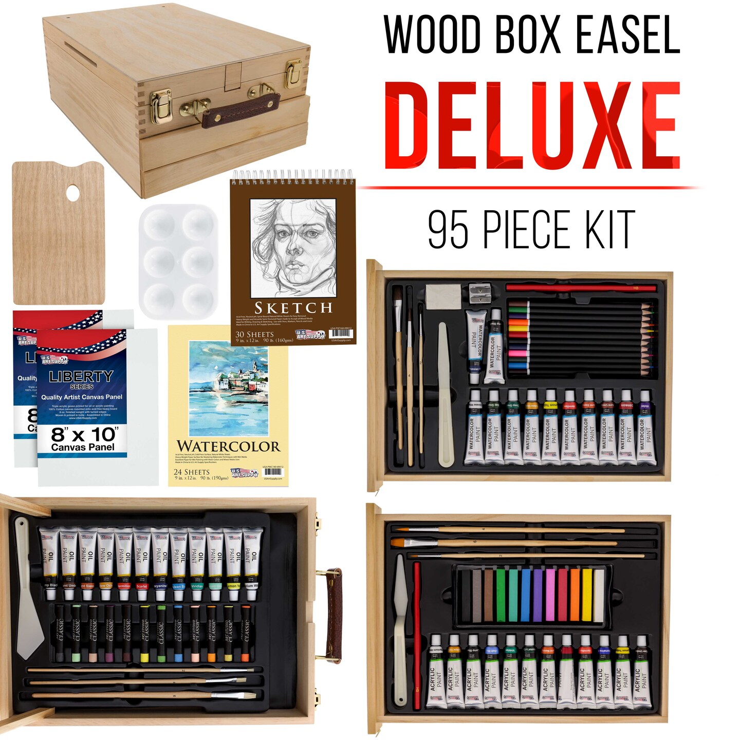 95 Piece Wood Box Easel Painting Set - Oil, Acrylic, Watercolor Paint Colors &#x26; Paint Brushes, Oil Artist Pastels, Pencils, Watercolor &#x26; Sketch Pads