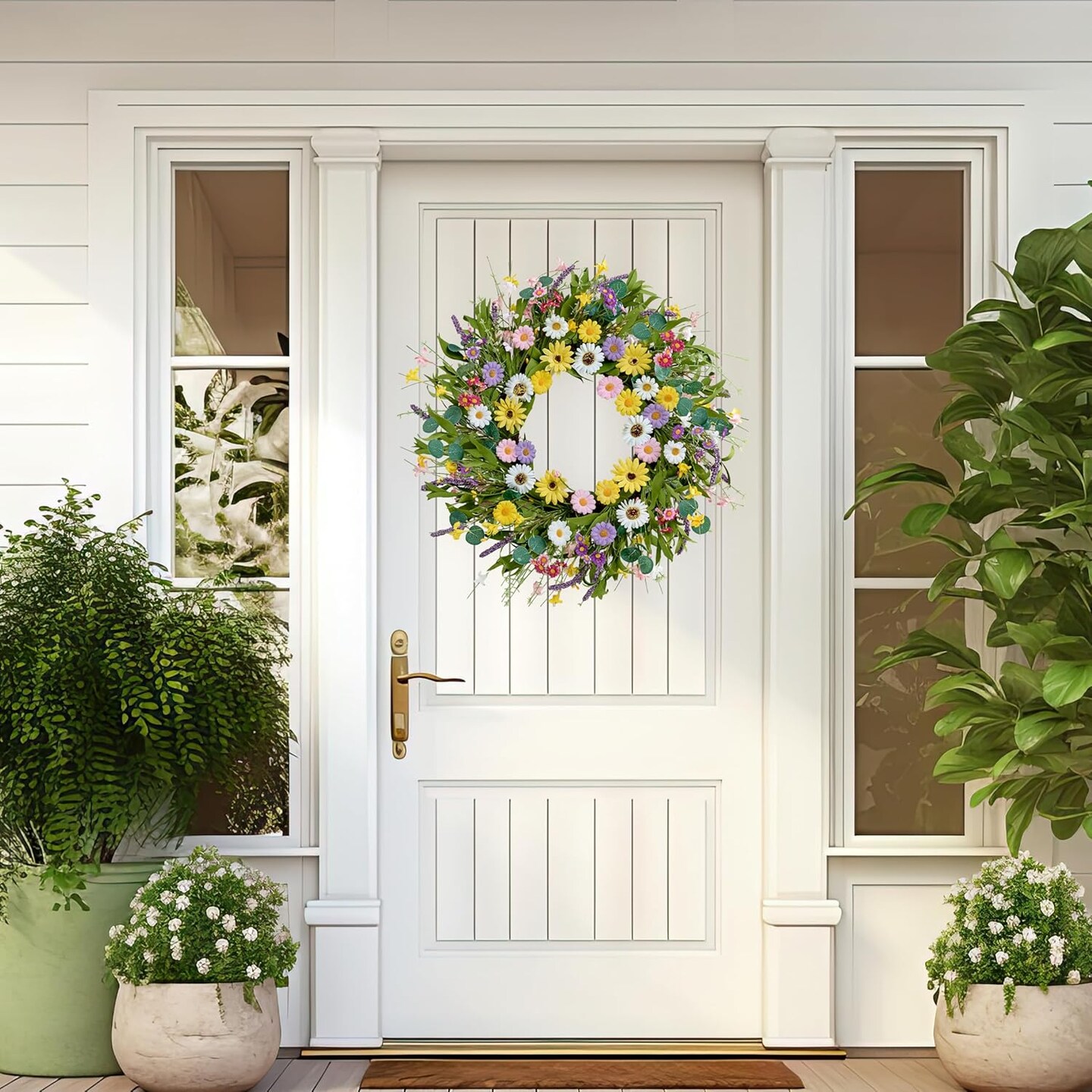 22" Spring & Summer Wreath – Artificial Yellow Daisy, Lavender & Eucalyptus Front Door Wreath for Farmhouse, Porch, Wall, Home, Easter & Seasonal Décor
