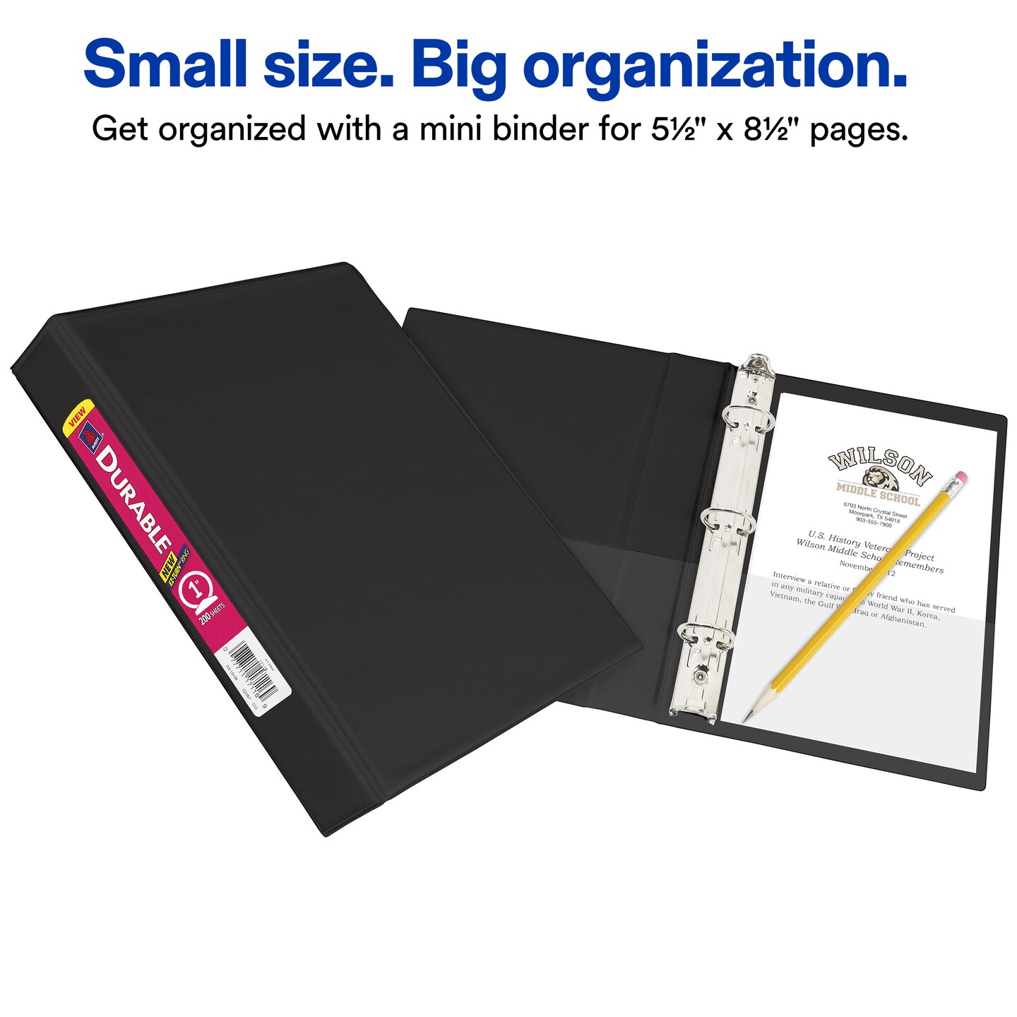 Avery Mini Durable View 3 Ring Binder, Holds 5.5" x 8.5" Paper, 1" Round Rings, 175-Sheet Capacity, 1.4 Inch Wide Spine, 1 Black Binder (17167)