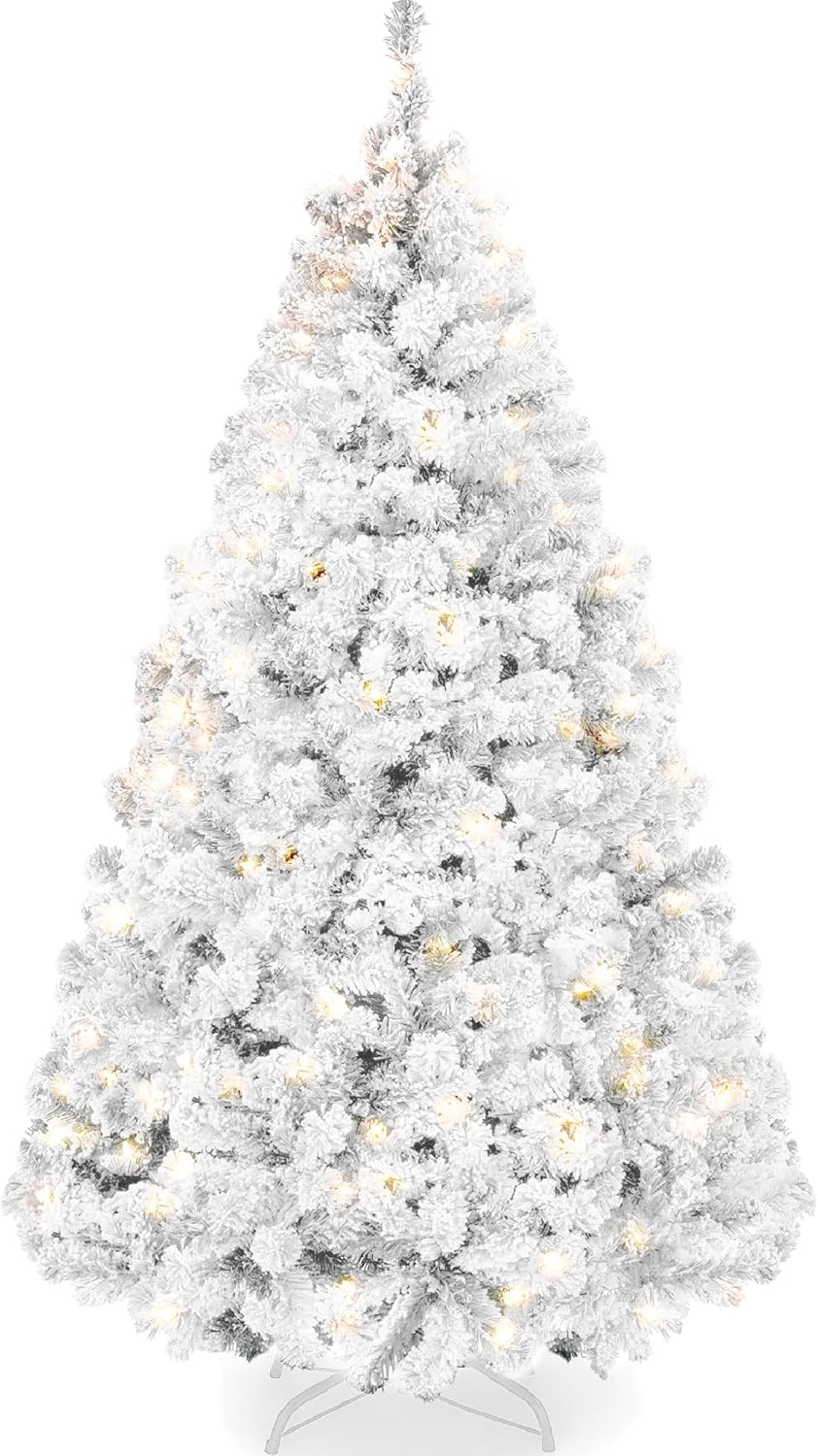 Snow Flocked Christmas Tree Full Pine with 250 White & Multicolor LED Lights, 928 Tips & Foot Switch Control