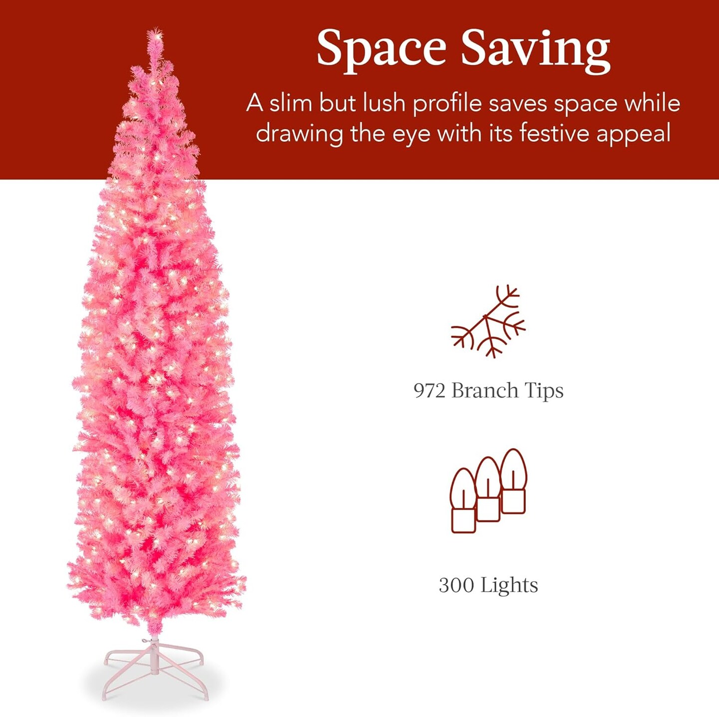 Pencil Artificial Christmas Tree with 300 2-in-1 White &#x26; Multicolor LED Lights &#x26; Sturdy Metal Base