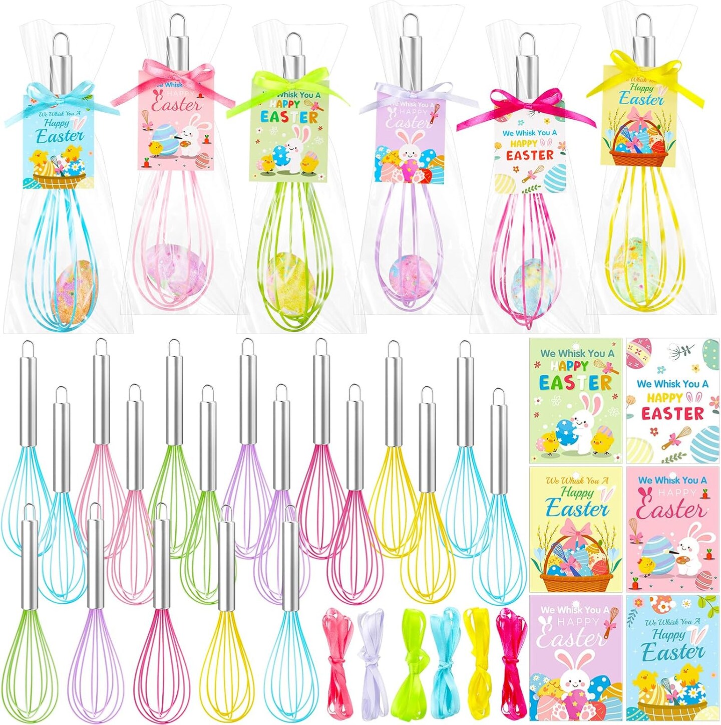 24 Sets 10" Easter Whisks Gift Set – Colorful Baking Whisks with Greeting Cards, Ribbons & Bags for Kids, Teachers, Family, Friends & Neighbors