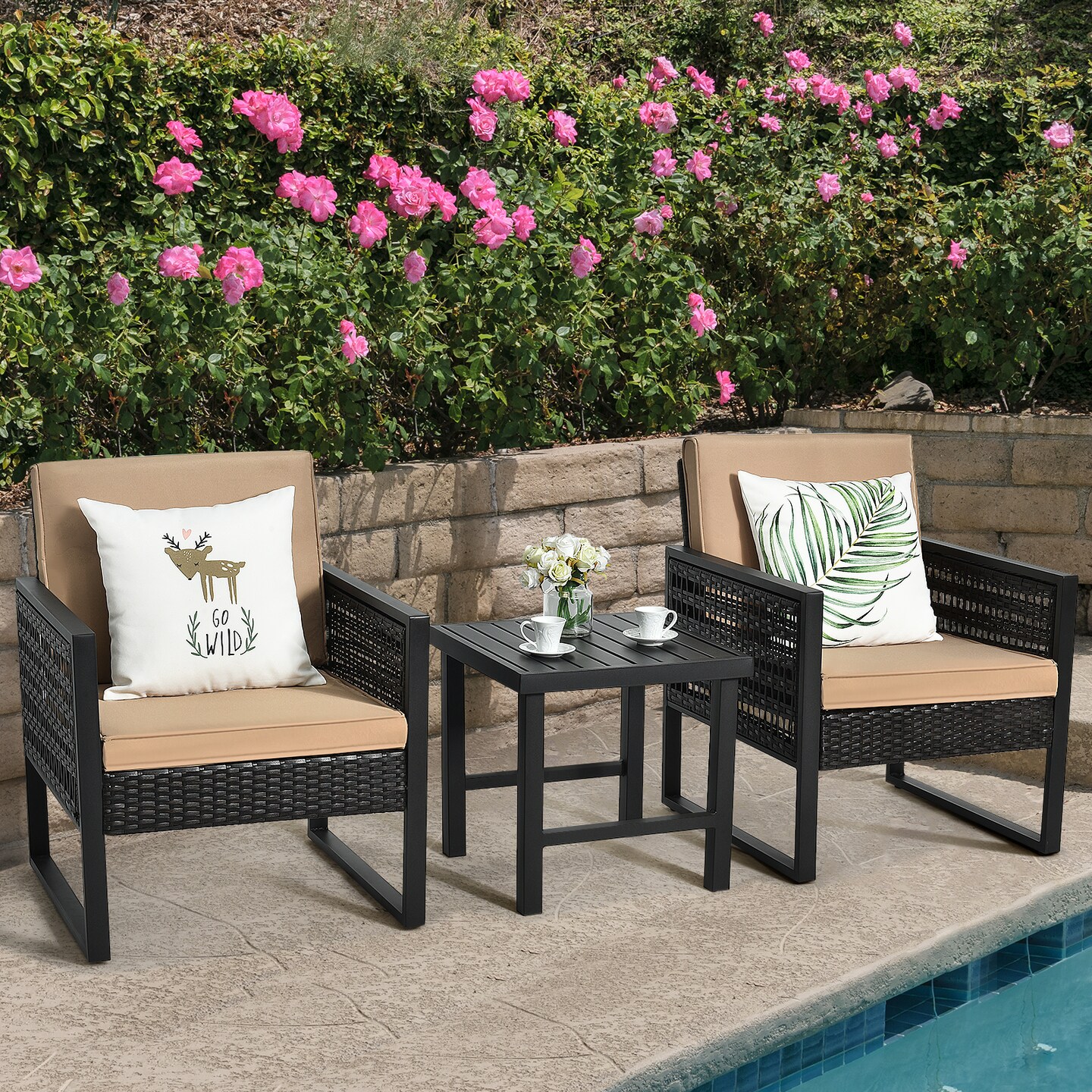 3 Pieces Beige Rattan Outdoor Patio Sofa Set with Cushions and Steel Table