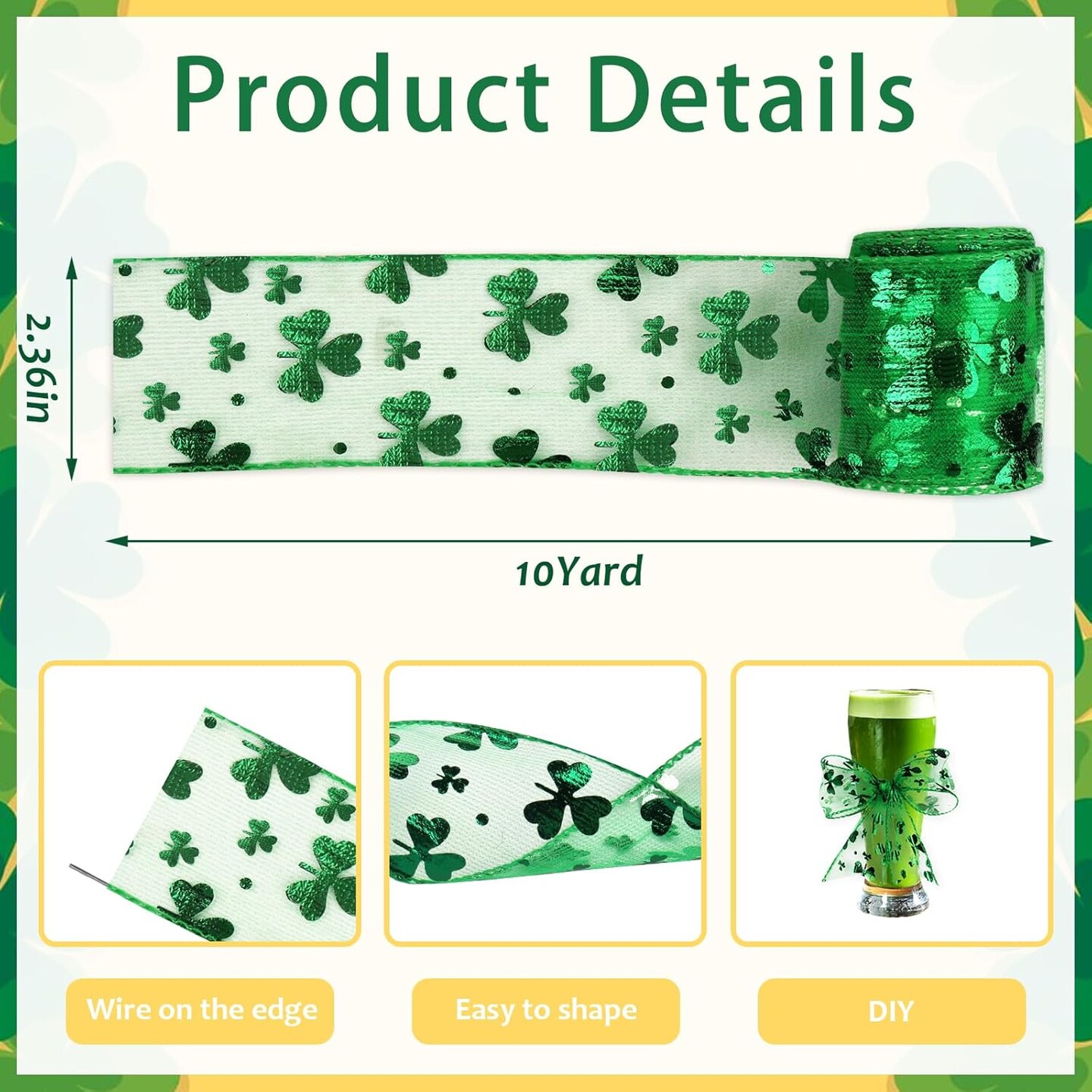 St. Patrick's Day Wired Ribbon, 2.5" 10 Yards Shamrock Organza Decorative Ribbons Green Glitter Lucky Clover Wired Edge Wrapping Ribbon for Home Decor Gift Wrapping Wreath Wedding DIY Craft
