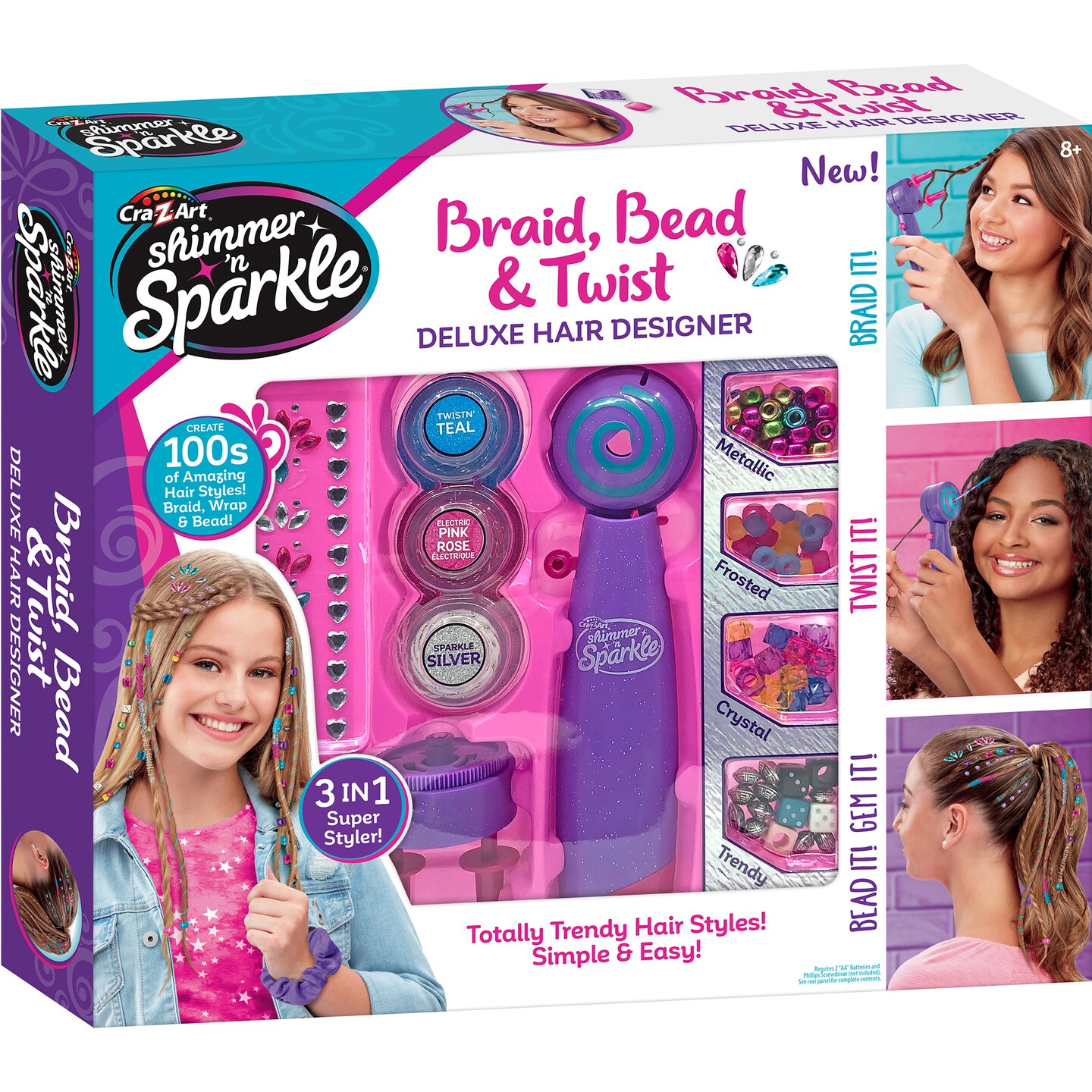 Cra-Z-Art Shimmer ‘n Sparkle: Braid Bead & Twist Deluxe Hair Designer - 3-In1 Hair Tool, Braid-Wrap-Bead, Create Trendy Hair Styles, Kids Ages 8+