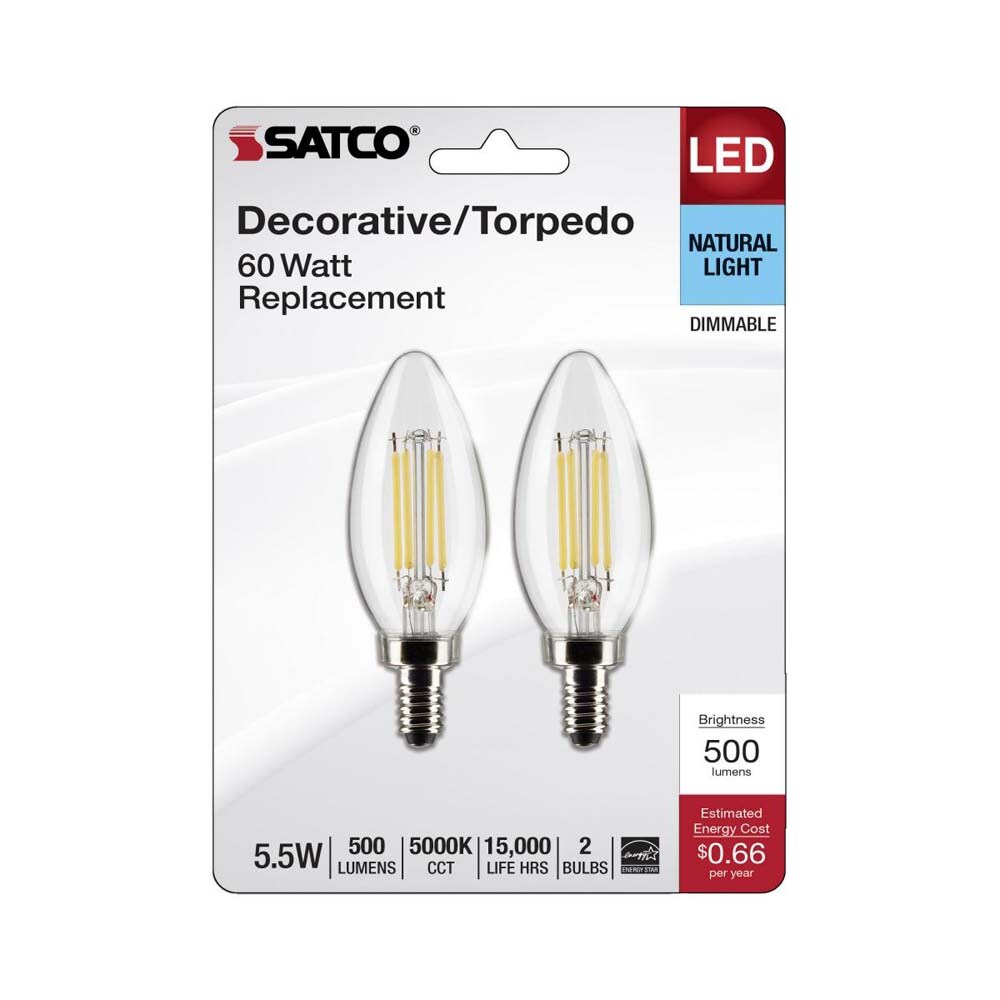 2Pk - 5.5W B11 LED Clear Candelabra Base 5000K 500 Lumens 120v