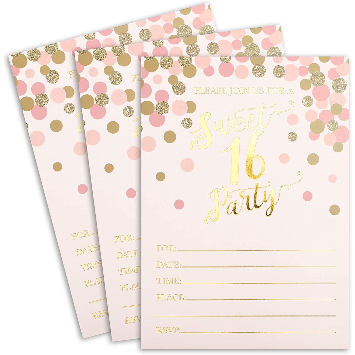 36-Pack Sweet 16 Birthday Party Invitations With Envelopes for RSVP Party (Pink &#x26; Gold, 7 x 5 In)