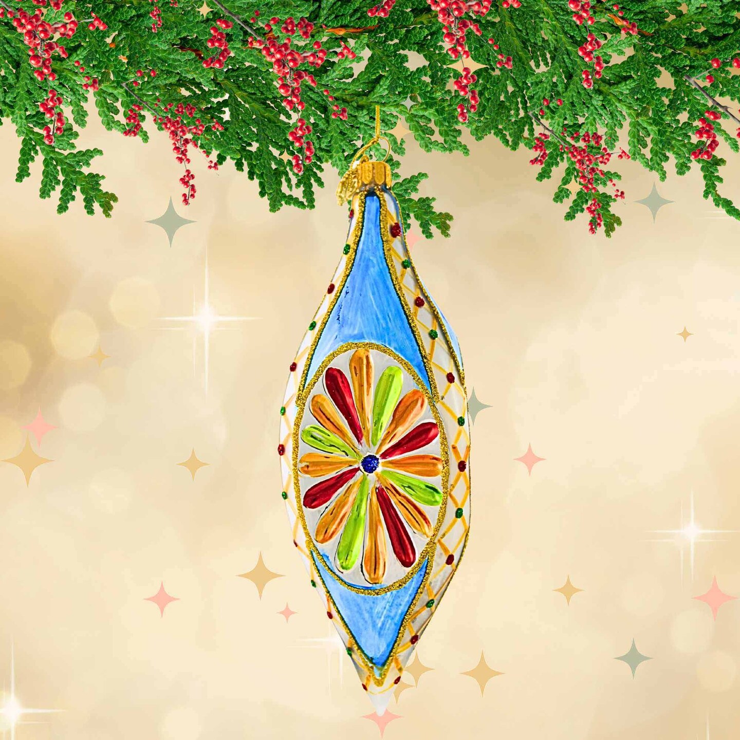 Huras Family 7.0 Inch Canterbury Drop 2025 Christmas Tree Ornament , Christmas Decor Merry &#x26; Bright Shallow Indent Reflector Drop