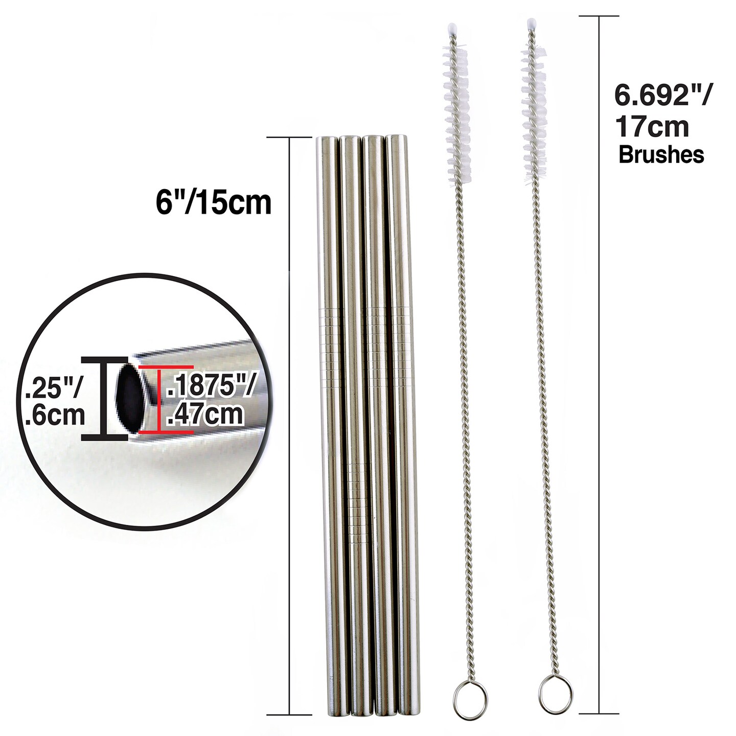 Norpro 6-Inch Stainless Steel Straight Drinking Straws with Cleaning Brushes, Set of 4