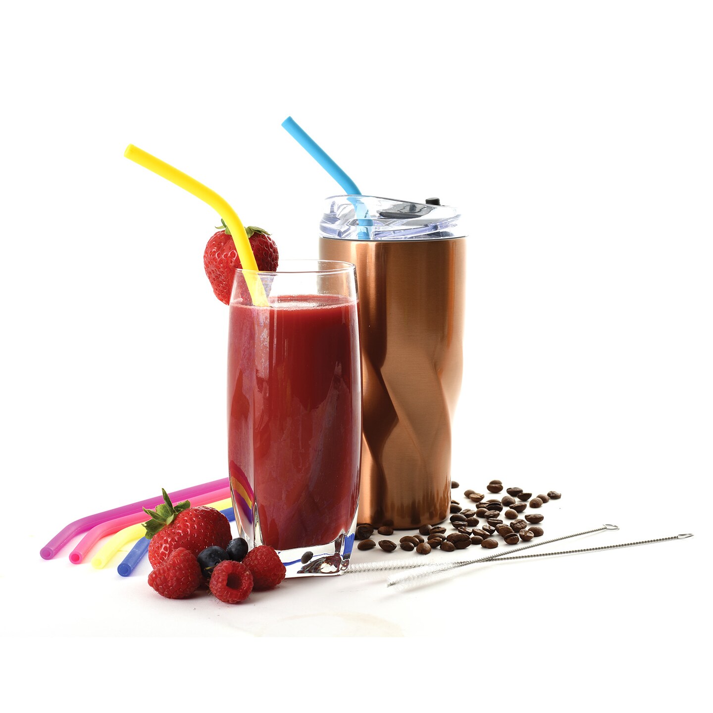 Norpro 9.75-Inch Silicone Reusable Straws with Cleaning Brushes, Assorted Colors, Set of 6