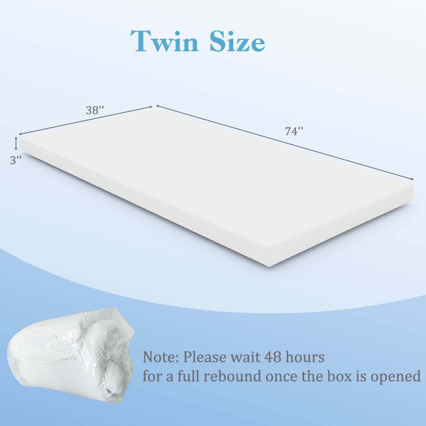 Costway 3" Gel-Infused Memory Foam Mattress Topper with Removable & Washable Cover Twin/Full/Queen/King