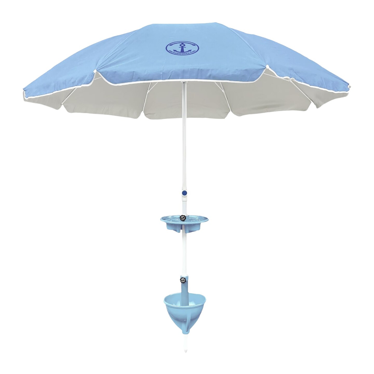Anchor Works: Classic Beach Umbrella & AnchorONE Kit – Sky Blue - 7.5ft, Carry Bag, Sand Shovel & Drink Tray, UV-Protected, Outdoor Sun Canopy