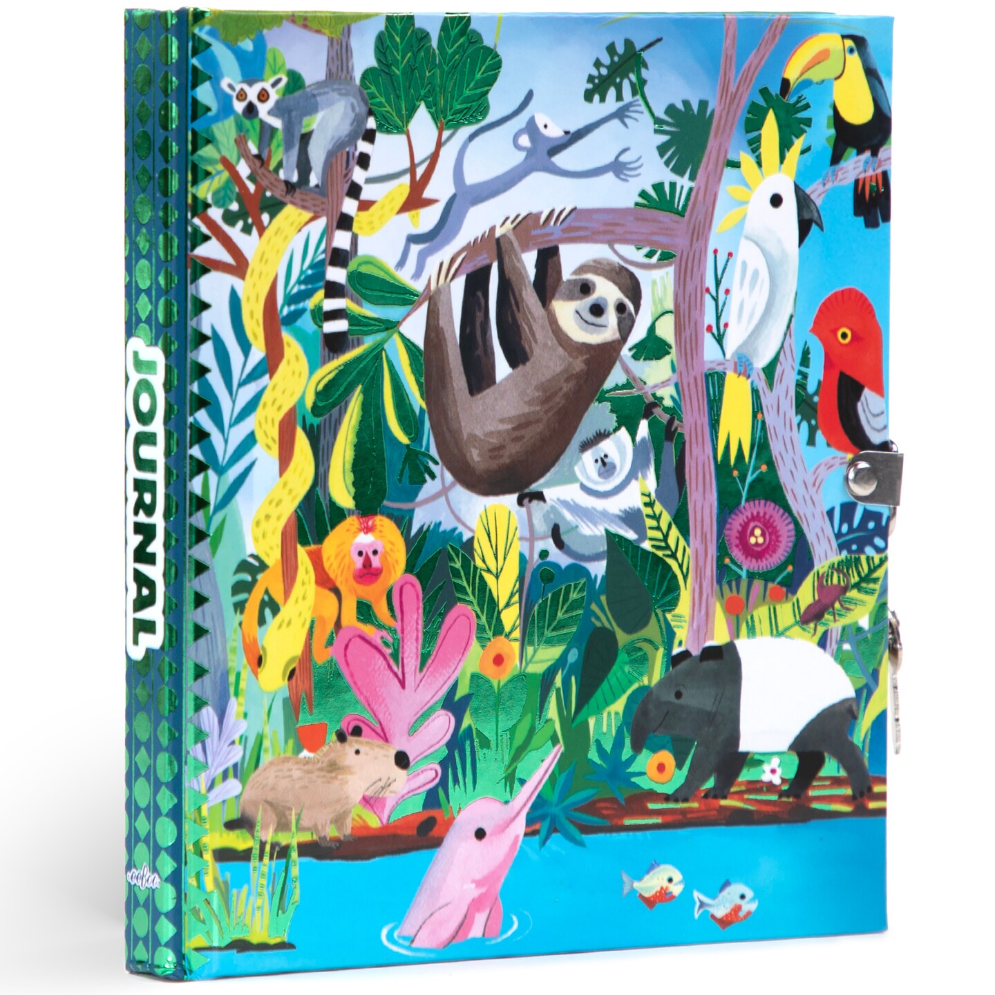 eeBoo: Foiled Locking Journal: Rainforest Animals - Kids Diary, Privacy Lock/Keys, Colorful Nature Cover, 176 Lined Pgs, Sketch-Take Notes, 5.75x6.5&#x22;