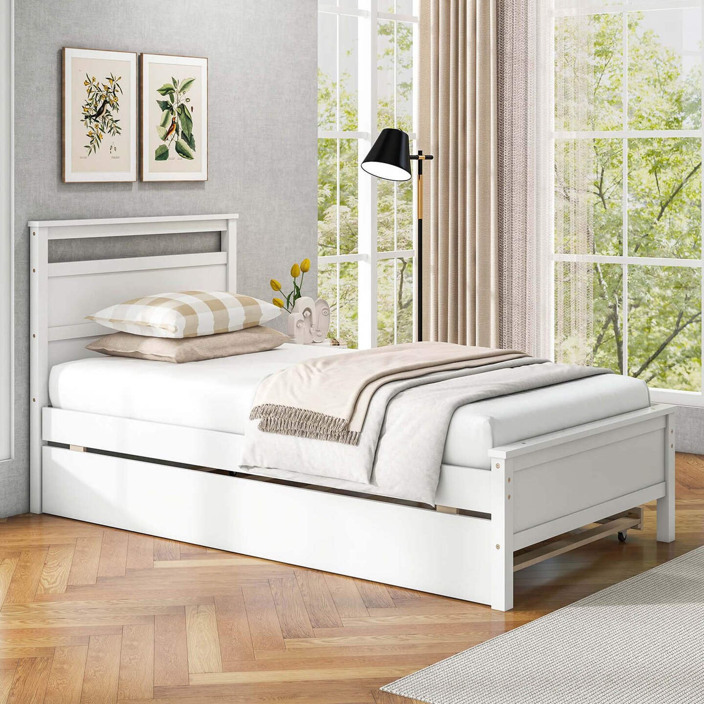 Costway Twin Size Platform Bed with Trundle Pull-out Trundle Headboard & Footboard Gray/White