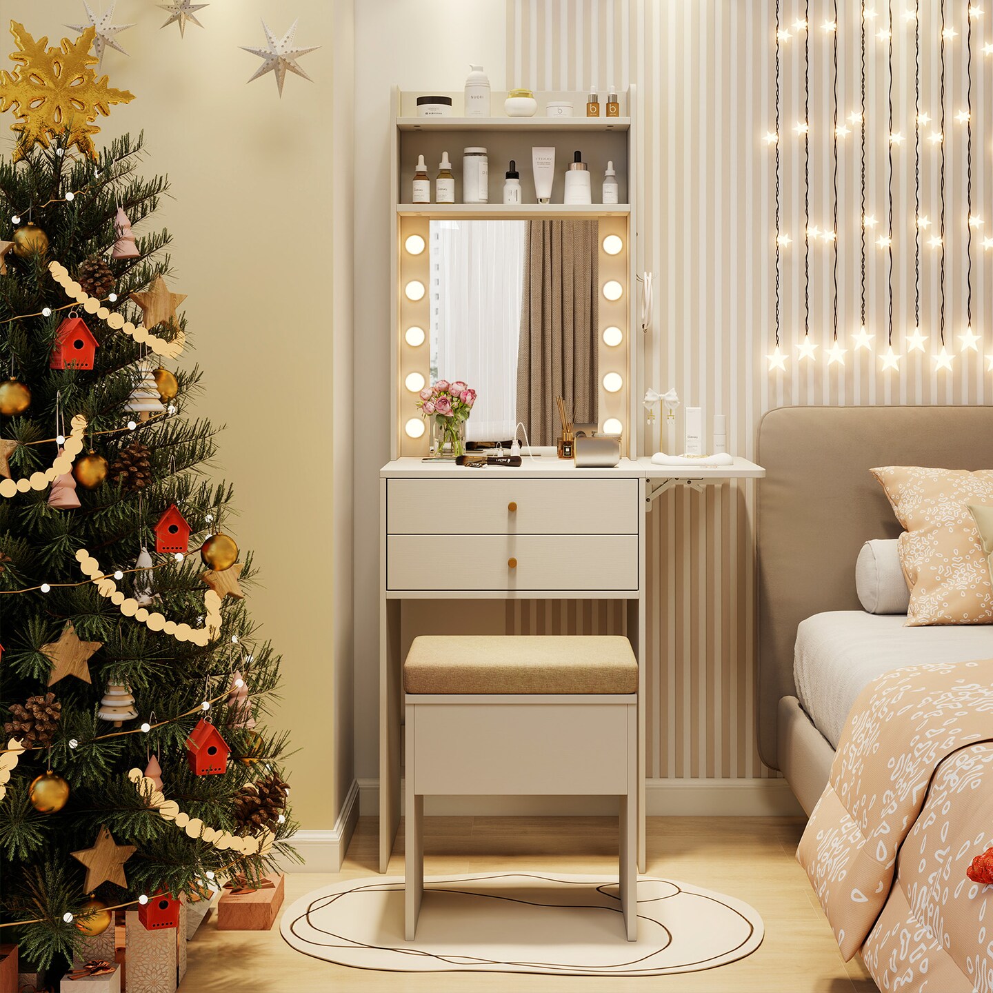White Vanity Set with LED Mirror, Charging Station &#x26; Storage