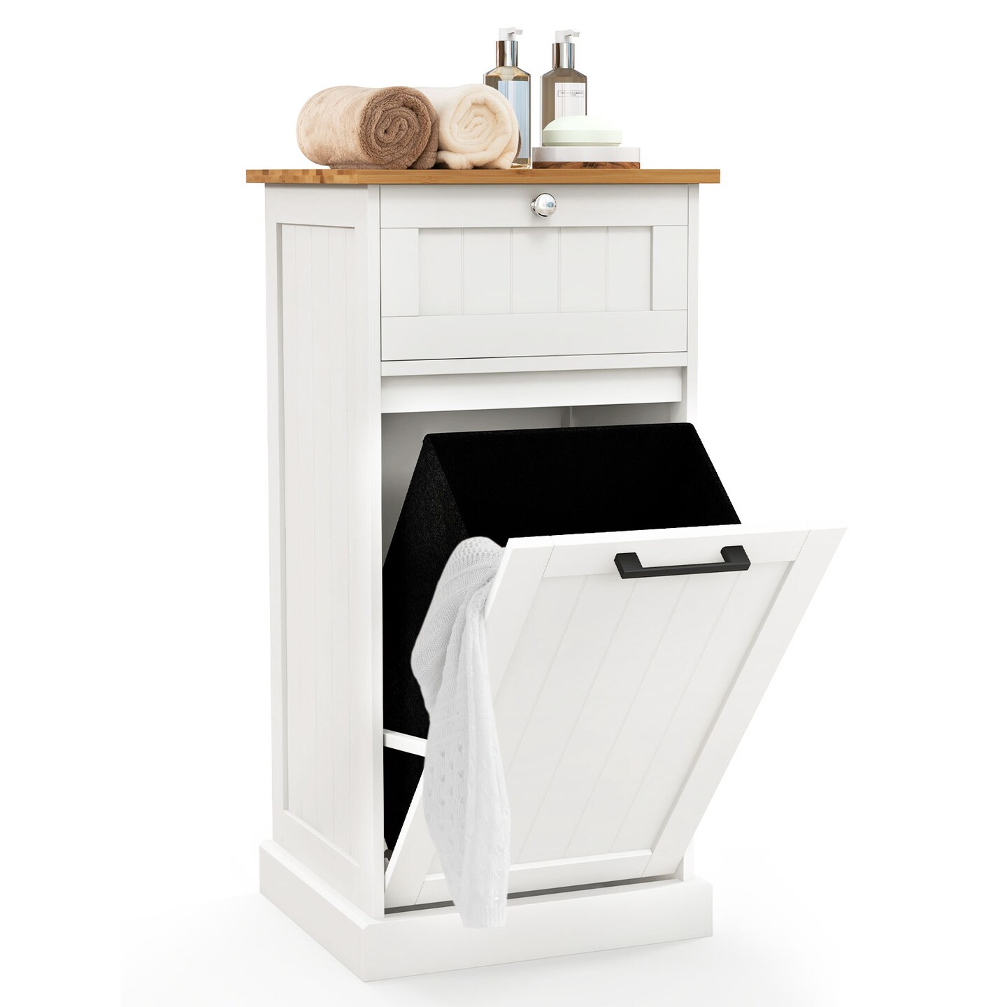 10 Gallon White MDF Laundry Hamper with Tilt-Out Cabinet Drawer and Portable Handle for Bathroom