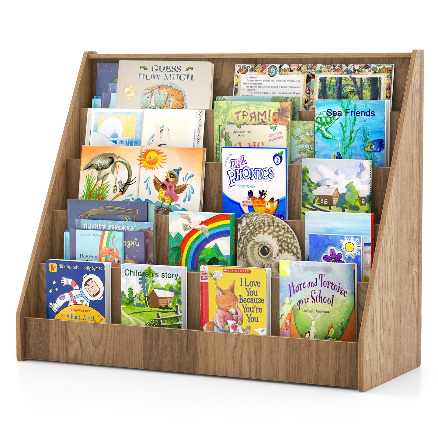 5-Tier Wooden Kids Multi-Purpose Bookshelf with Deep Compartments Suitable for Any Room