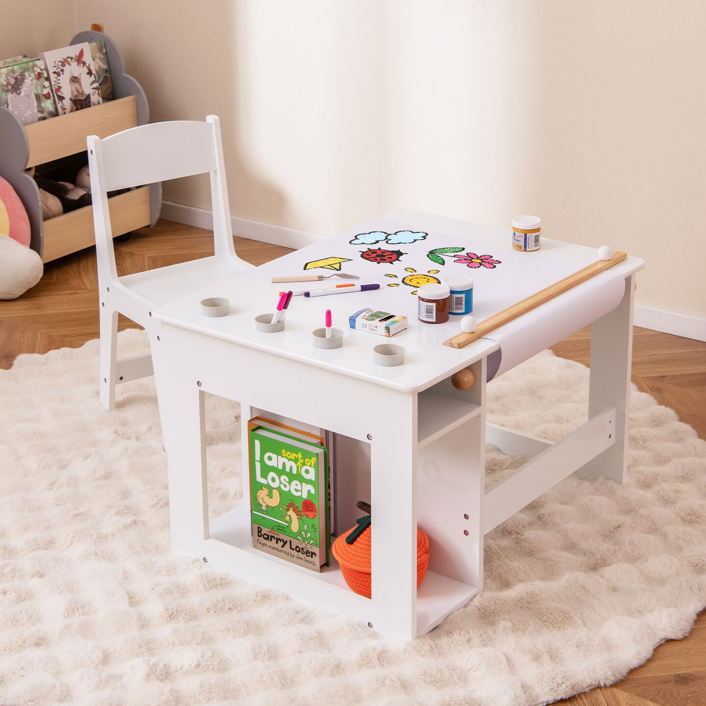 White Kids Craft Drawing Desk with Chair and 2 Spacious Storage Shelves