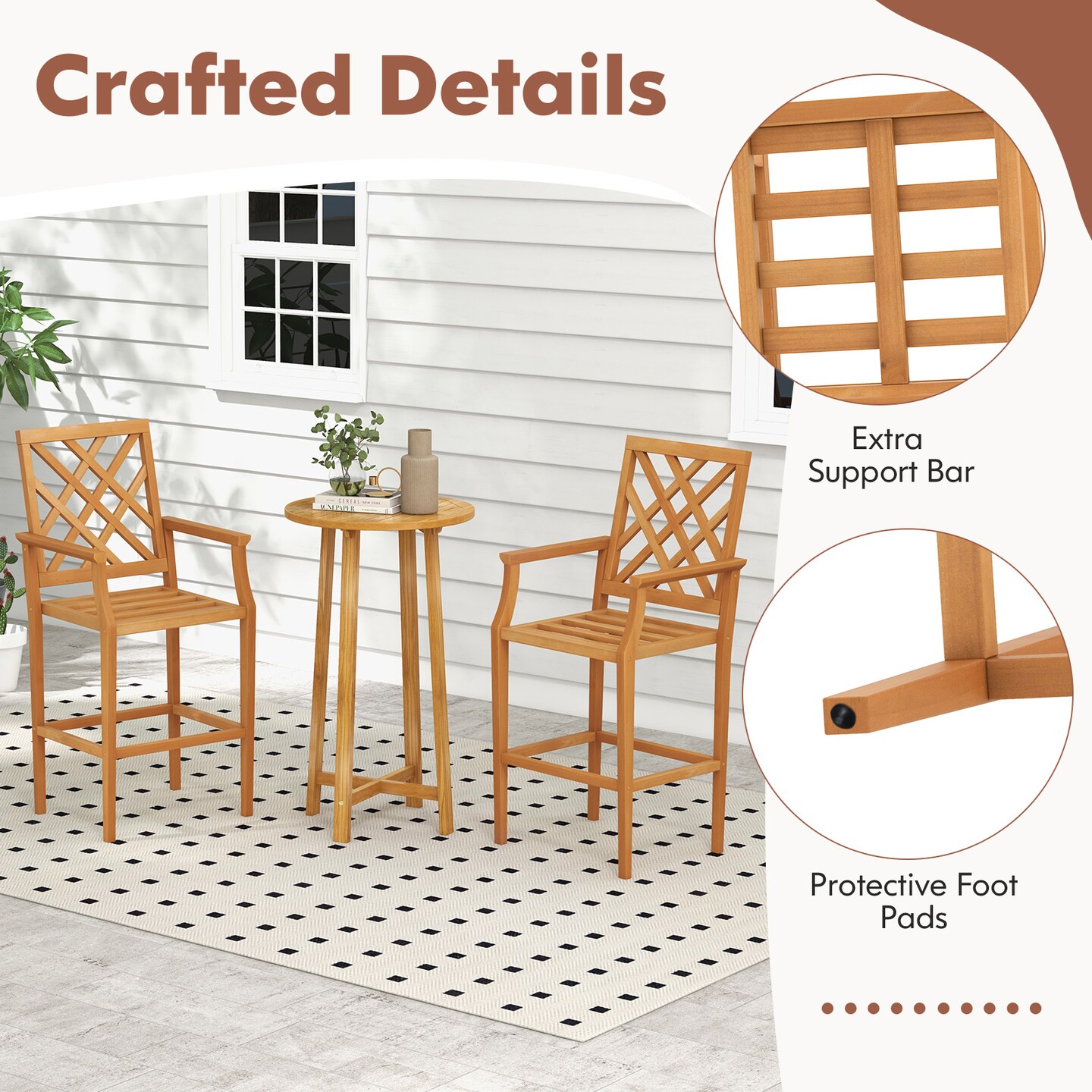 Natural Patio Teak Wood Outdoor Counter Height Bar Stool with Ergonomic Backrest