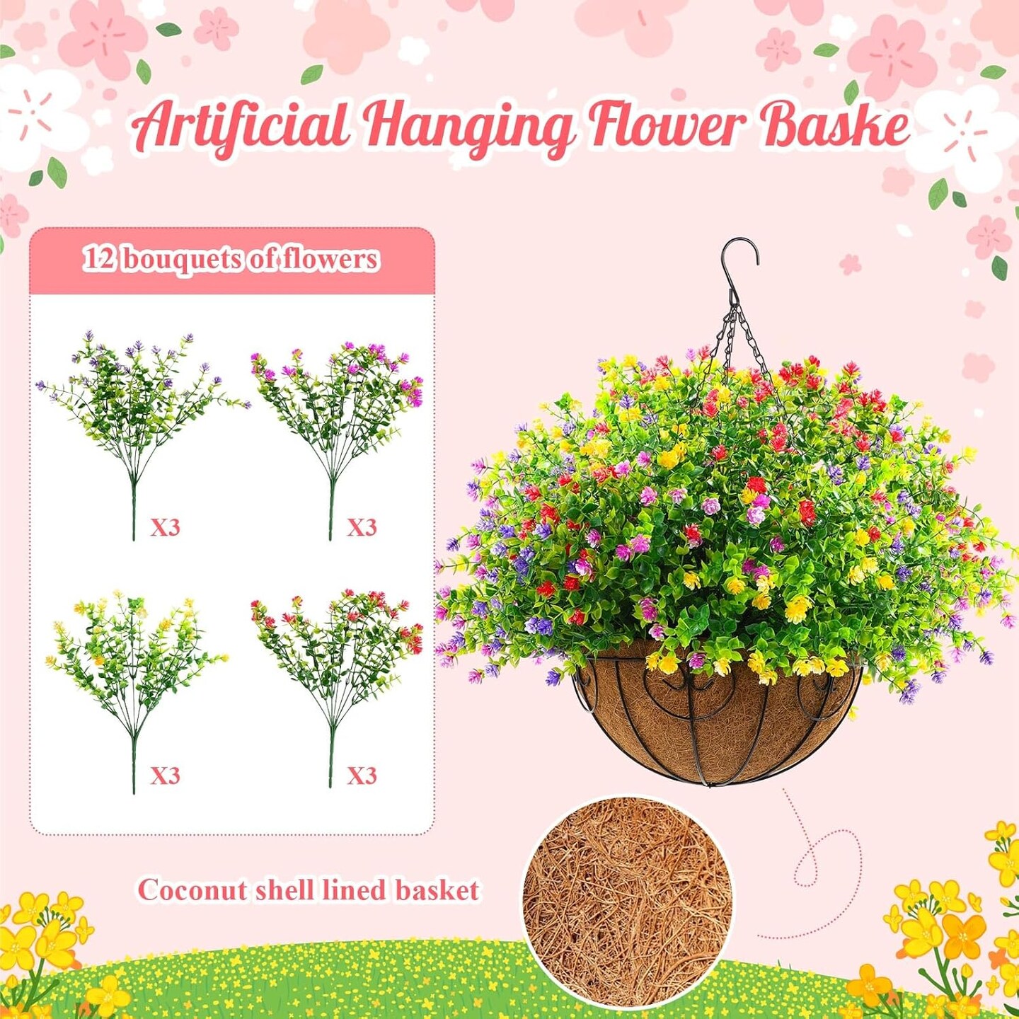 4 Pack Artificial Hanging Flowers with Fake Basket Outdoors Flowers