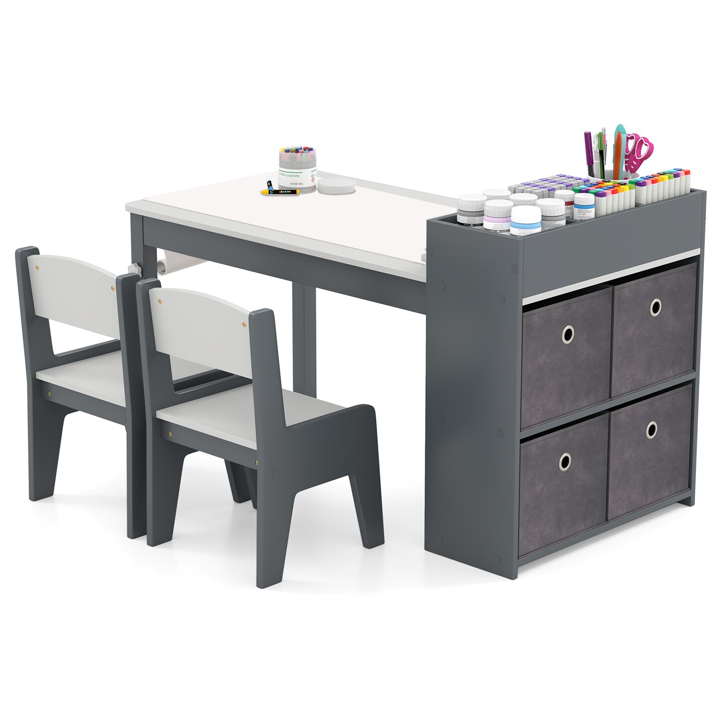 MDF and Metal Kids Art Table Set with Chairs, Storage and Paper Roll