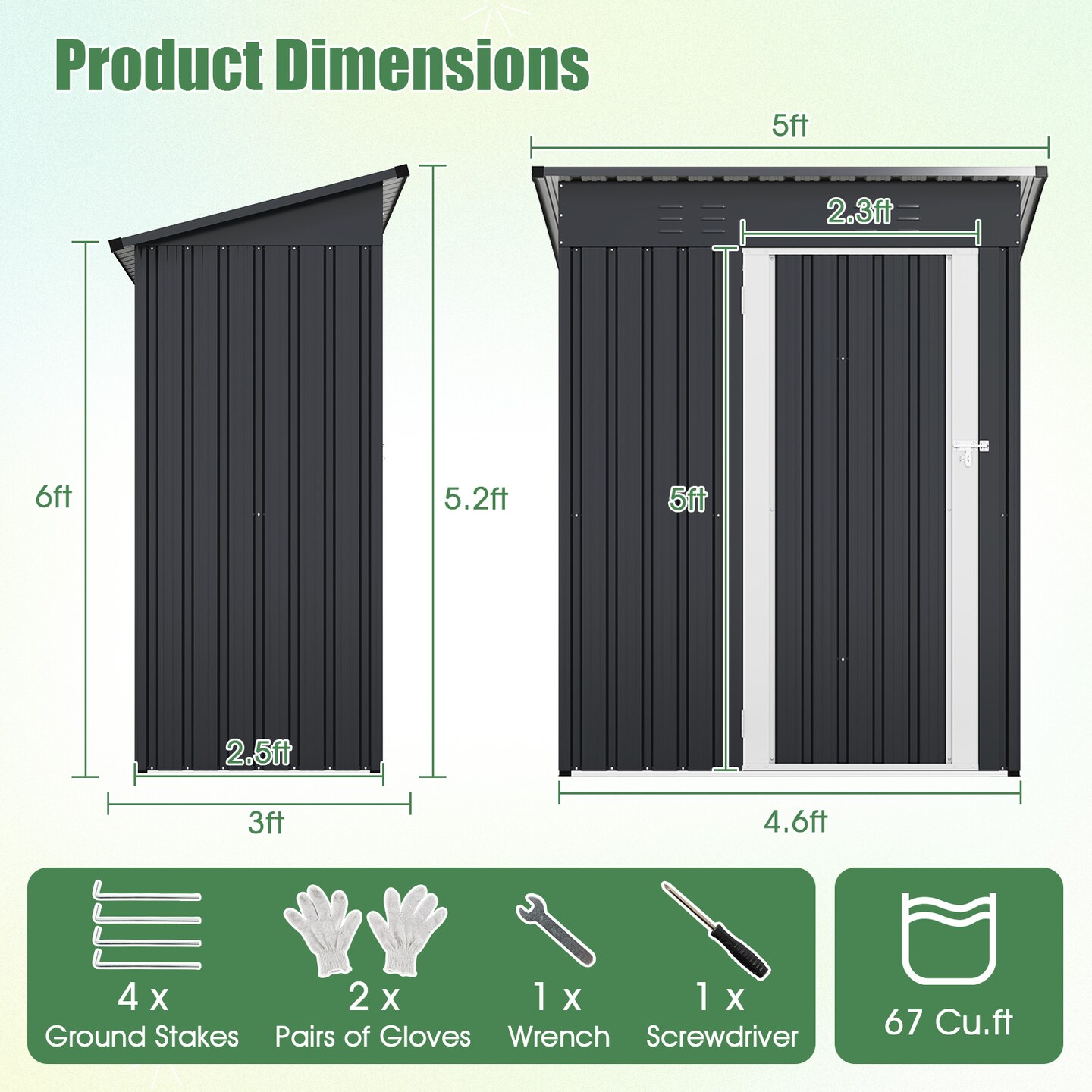Grey Galvanized Metal Outdoor Storage Shed with Lockable Door, Vents, and Roof