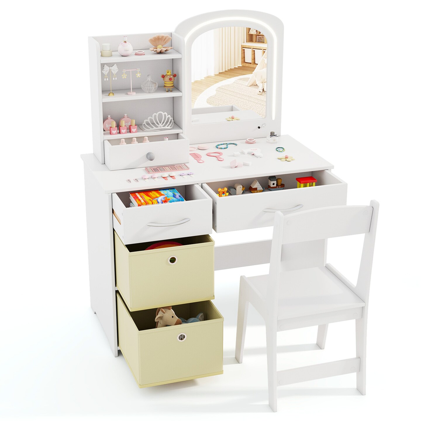 White MDF Kids Vanity Set with LED Mirror, Storage Drawers and Child-Safe Features