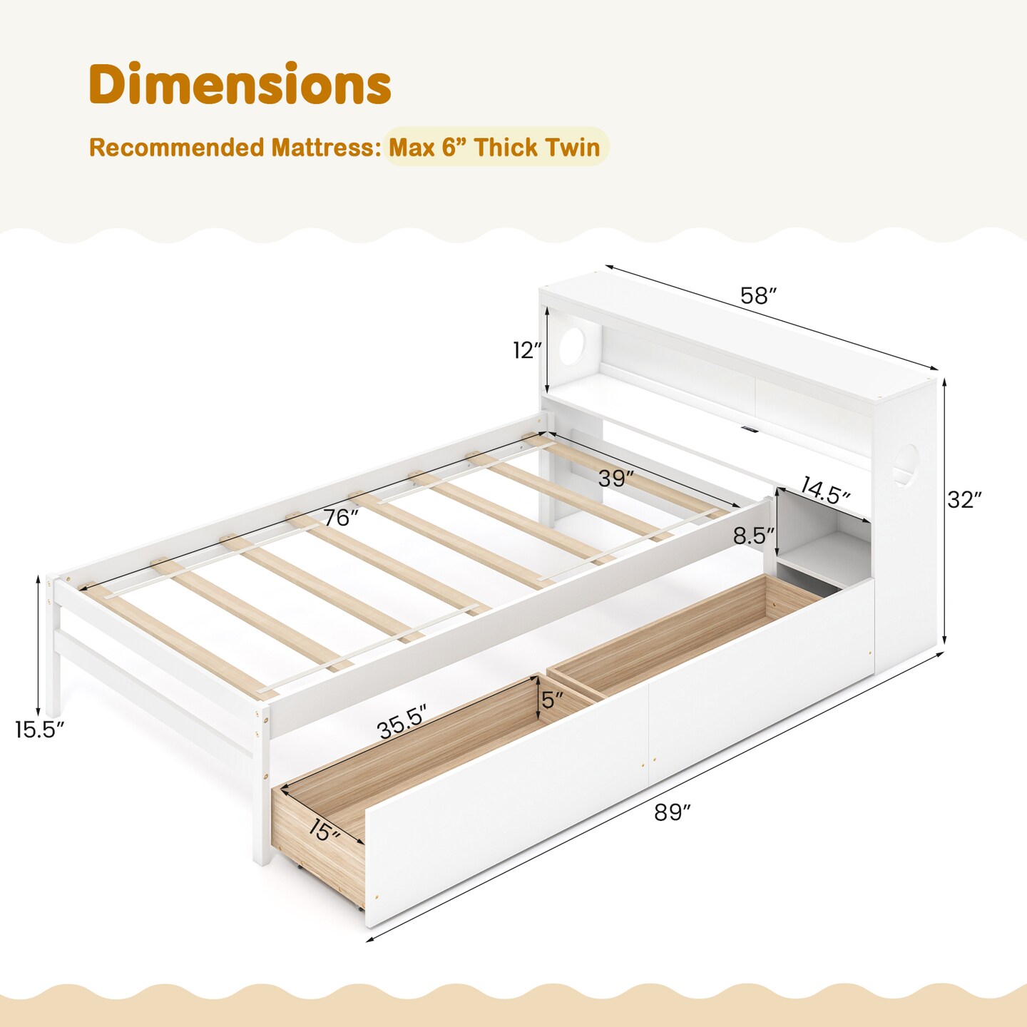 Solid Wood Bed with Storage Headboard, LED Light, USB Ports and Drawers