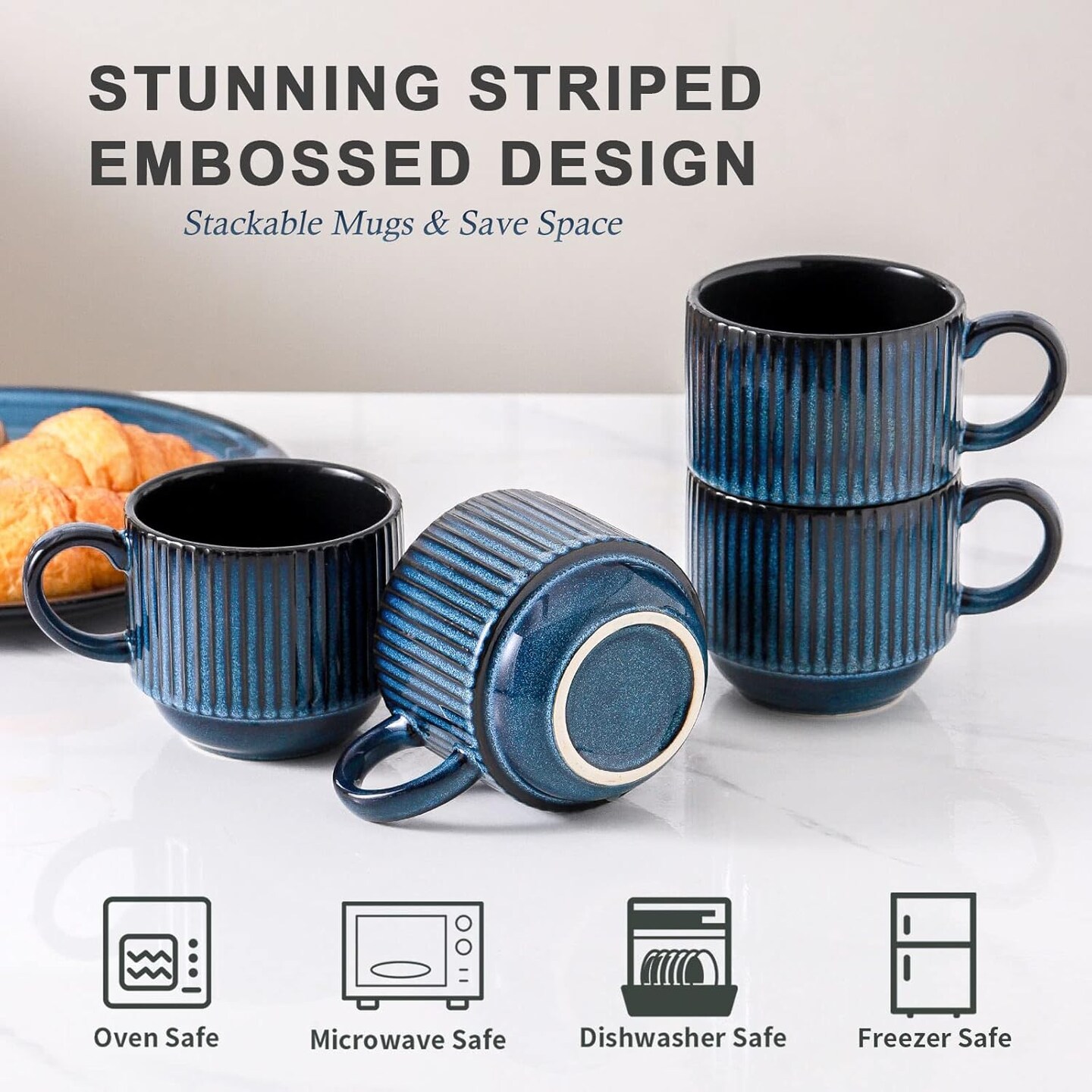 Large Coffee Mug Set of 4, 15oz Stackable Ceramic Ribbed Cups, Navy