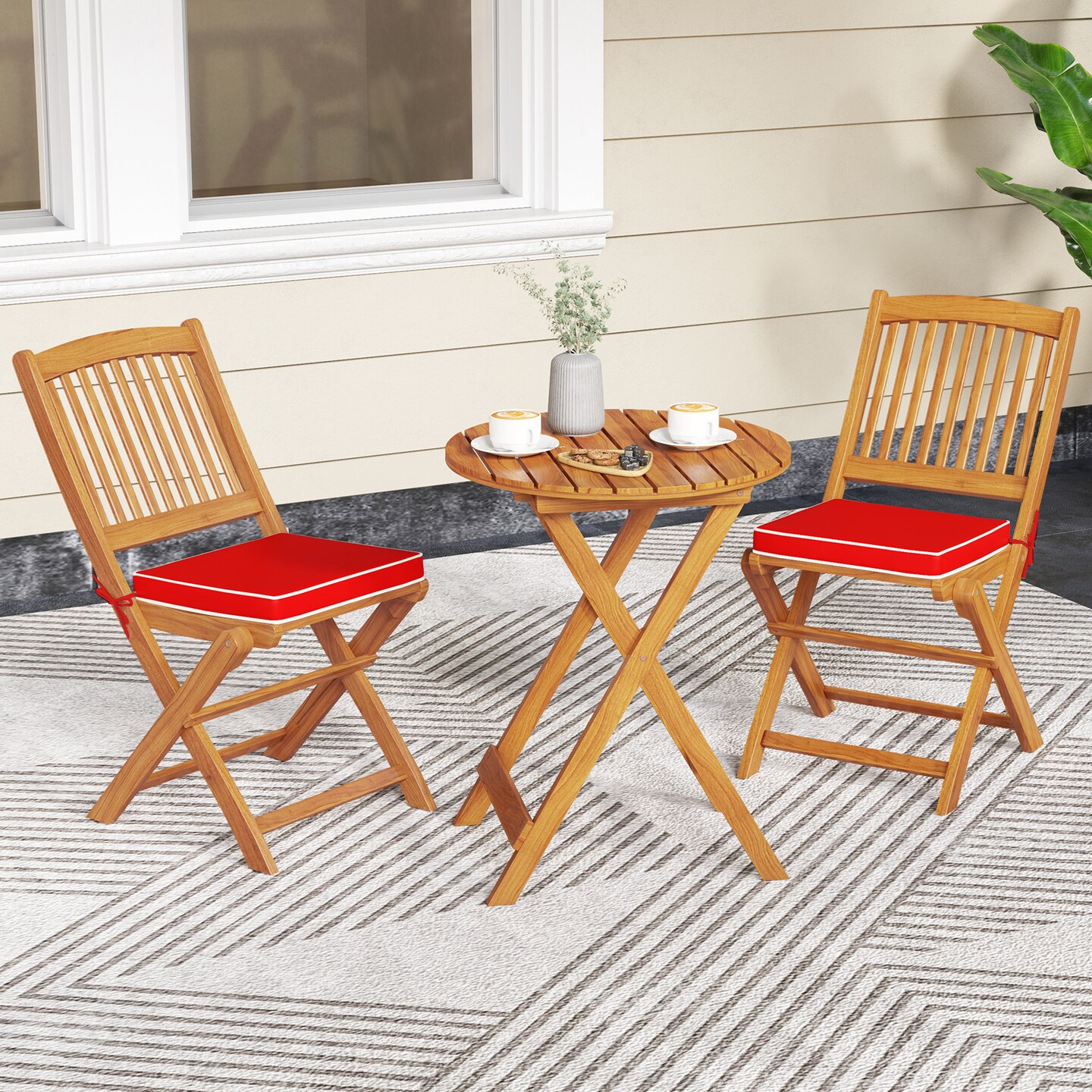 Set of 2 Armless Outdoor Folding Chairs with Seat Cushions and Slatted Backrest