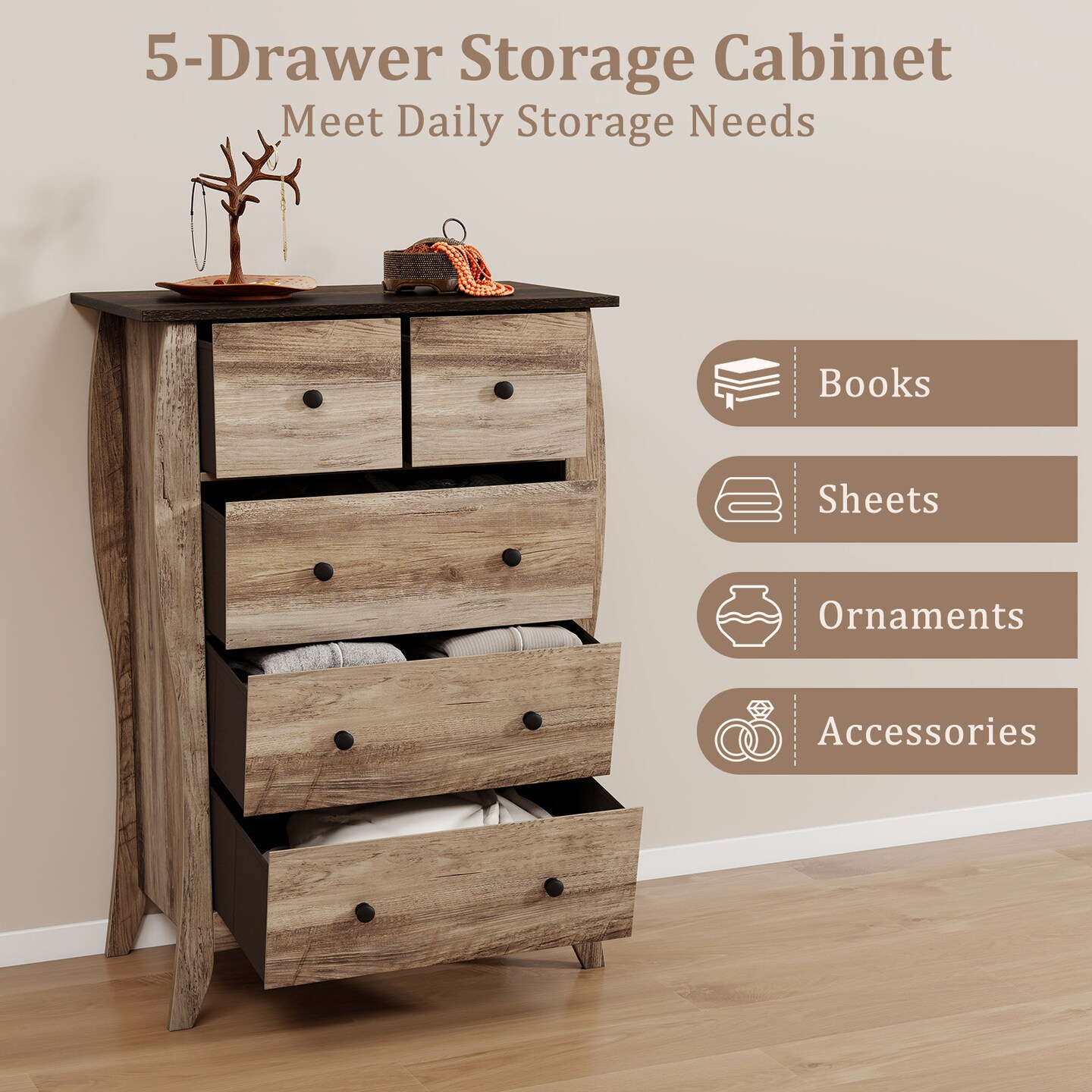 5 Fabric Drawers Closet Storage Organizer Dresser with Wooden Tabletop Perfect for Bedroom or Hallway