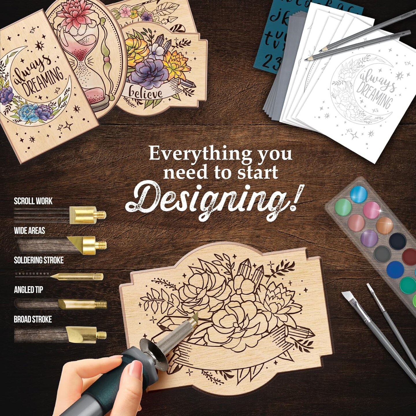 Wood Burning Kit for Beginners - Deluxe Pyrography Wood Engraving Art Kit with Burner Pen, Stencils, Watercolor Paints - 48 Piece DIY Woodburning Tool Kit for Adults and Kids