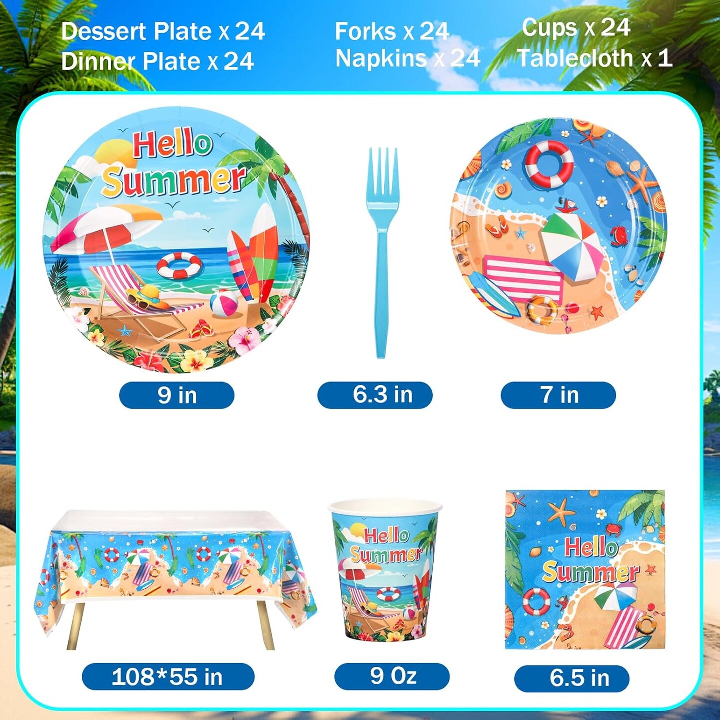 Beach Paper Plates, Beach Plates and Napkins Party Supplies, Disposable Plates, Cups, Napkins, Cutlery and Tablecloth for Summer Tableware