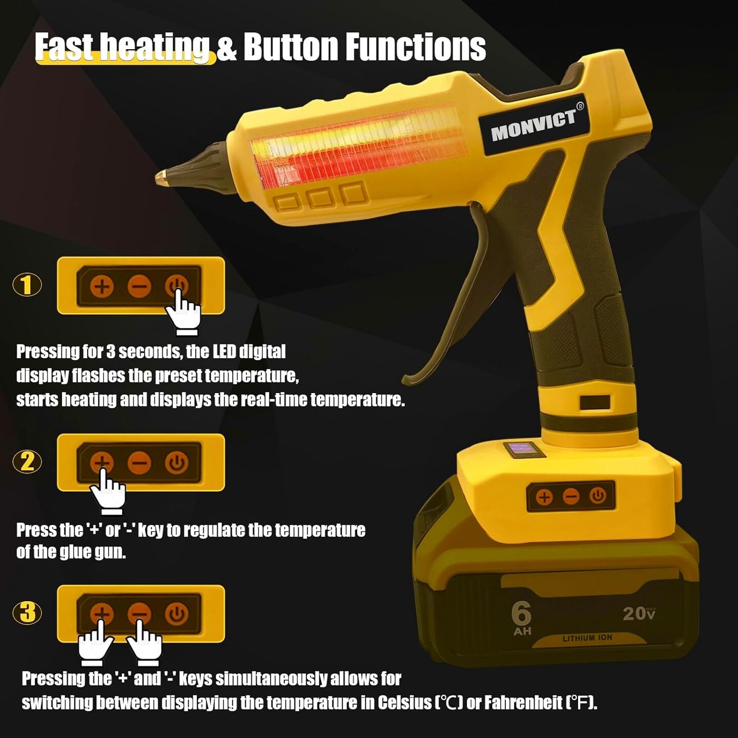 Cordless Glue Gun 20V Battery, Upgraded 100W Digital Temperature Adjustable Handheld Electric Power Full Size Heavy Duty Hot Glue Gun with 10 Glue Sticks (Battery Not Included)