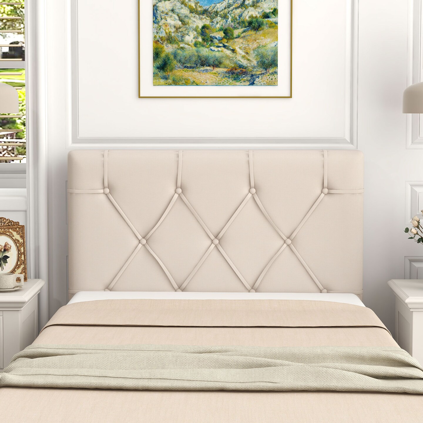 Beige Upholstered Twin Headboard with Adjustable Height, Button Tufted Design