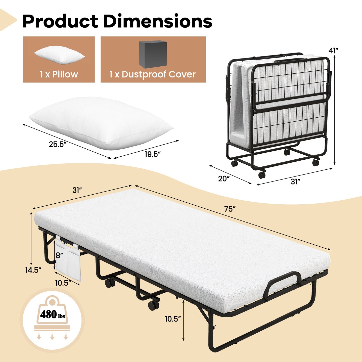 Folding Bed with Memory Foam Mattress and Pillow for Guest Room Use