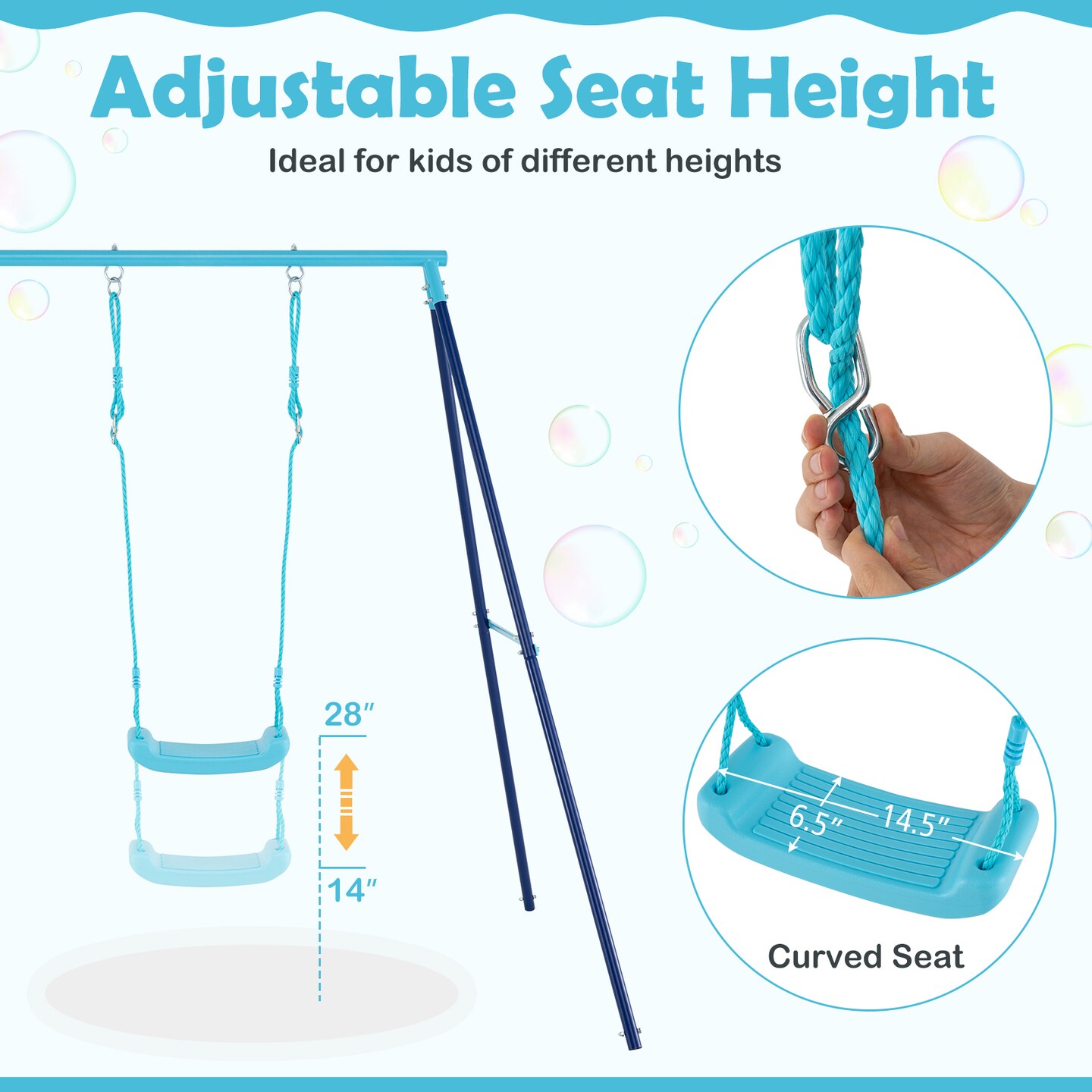 Adjustable Metal Swing Set with Stand and Seat Height 14-28 inches for Kids