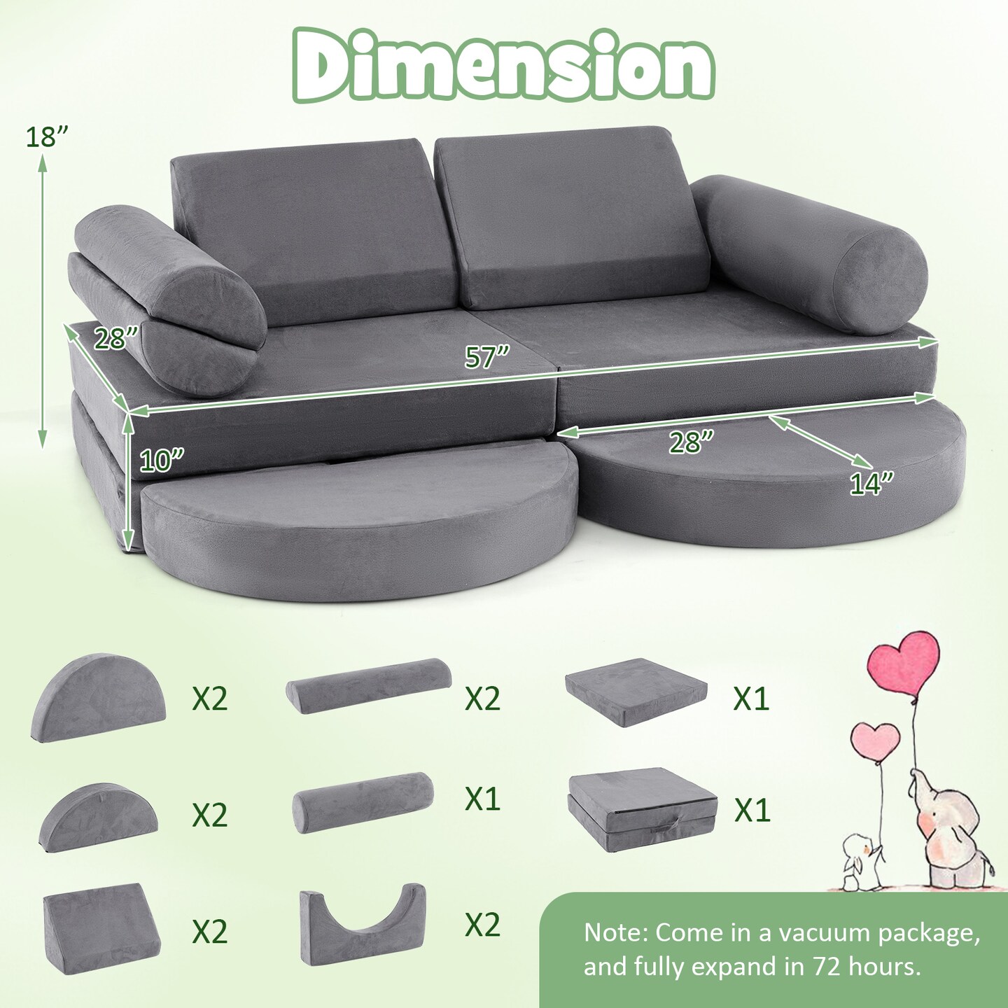 Velvet Suede 13-Piece Kids Modular Play Couch, Soft and Safe Design