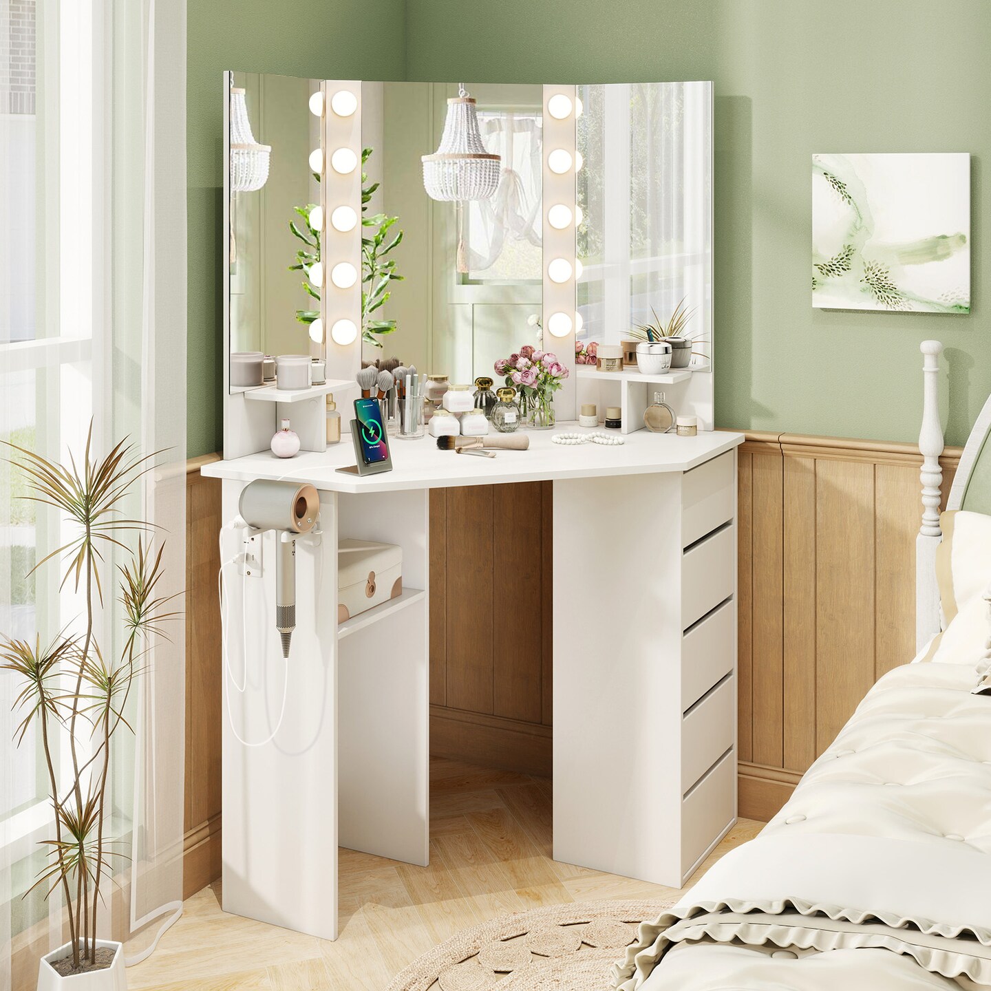 Corner Vanity Desk with 3-Panel Mirror, LED Lights, Charging Ports and Storage