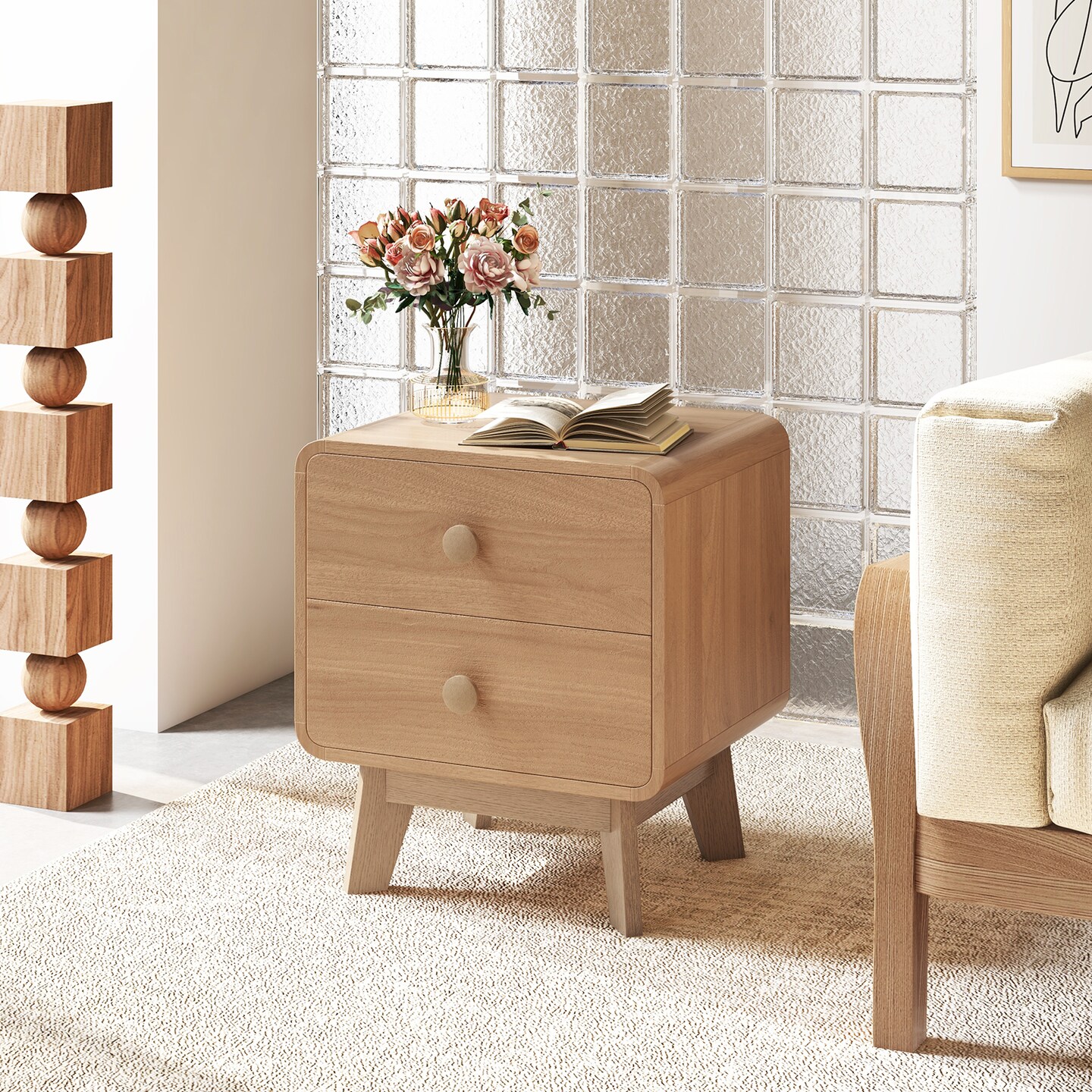 MDF and Rubber Wood Nightstand with 2 Drawers and Mid-Century Modern Design