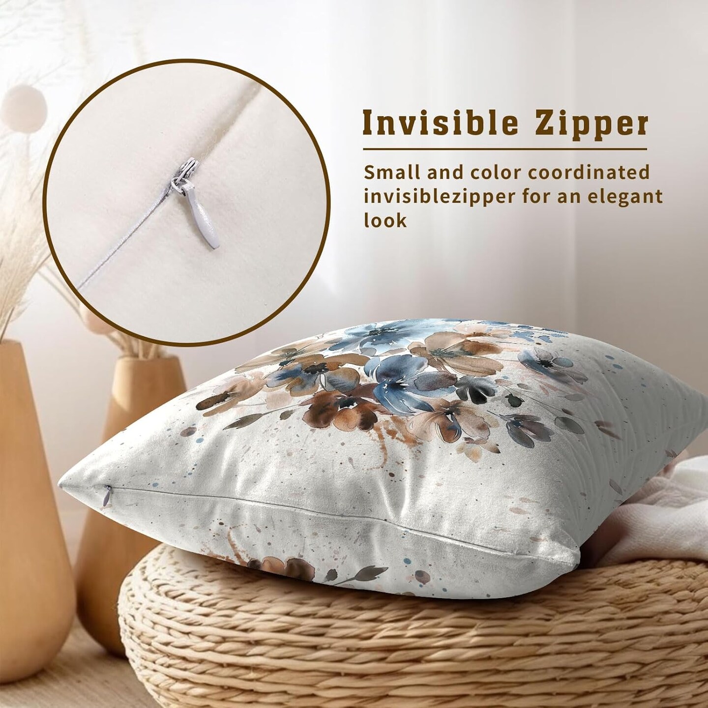 Floral Throw Pillow Covers Watercolor Blue Flowers Pillowcase Ink Art Style Home Decorative Soft Square Cushion Cover 18X18 Inch for Sofa Bedroom Living Room,Set of 2