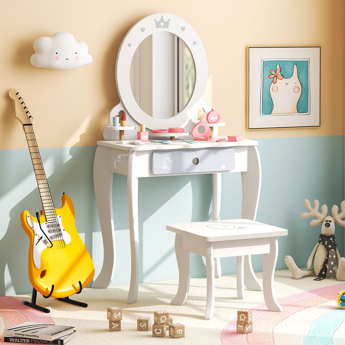 White MDF Kids Vanity Set with Removable Mirror, Storage, Stool, and Accessories