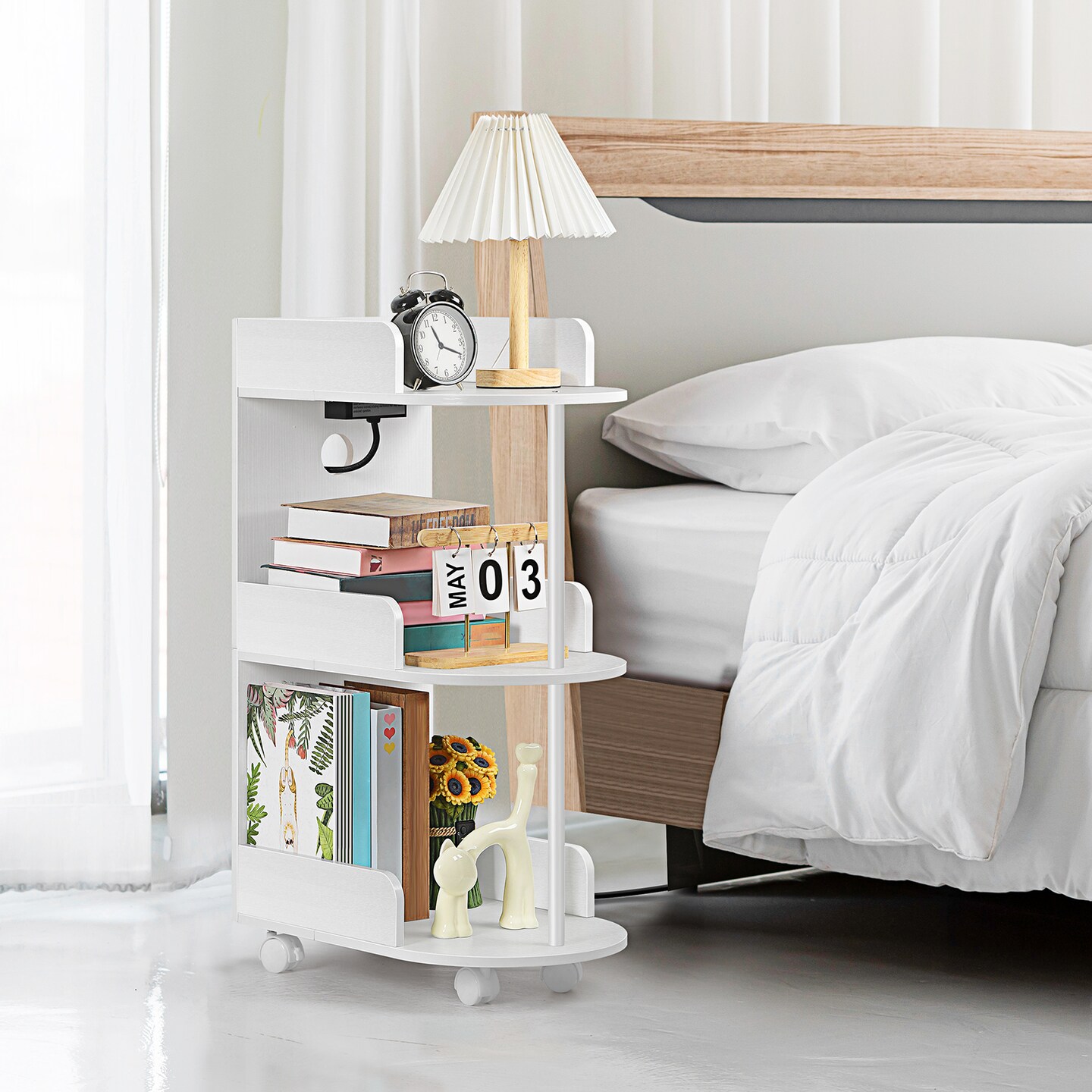 Compact 3-Tier Rolling Side Table with Built-In Charging Station - 2 USB Ports, Outlets, Edge Protection & Wheels for Bedroom, Living Room, Office, Small Spaces