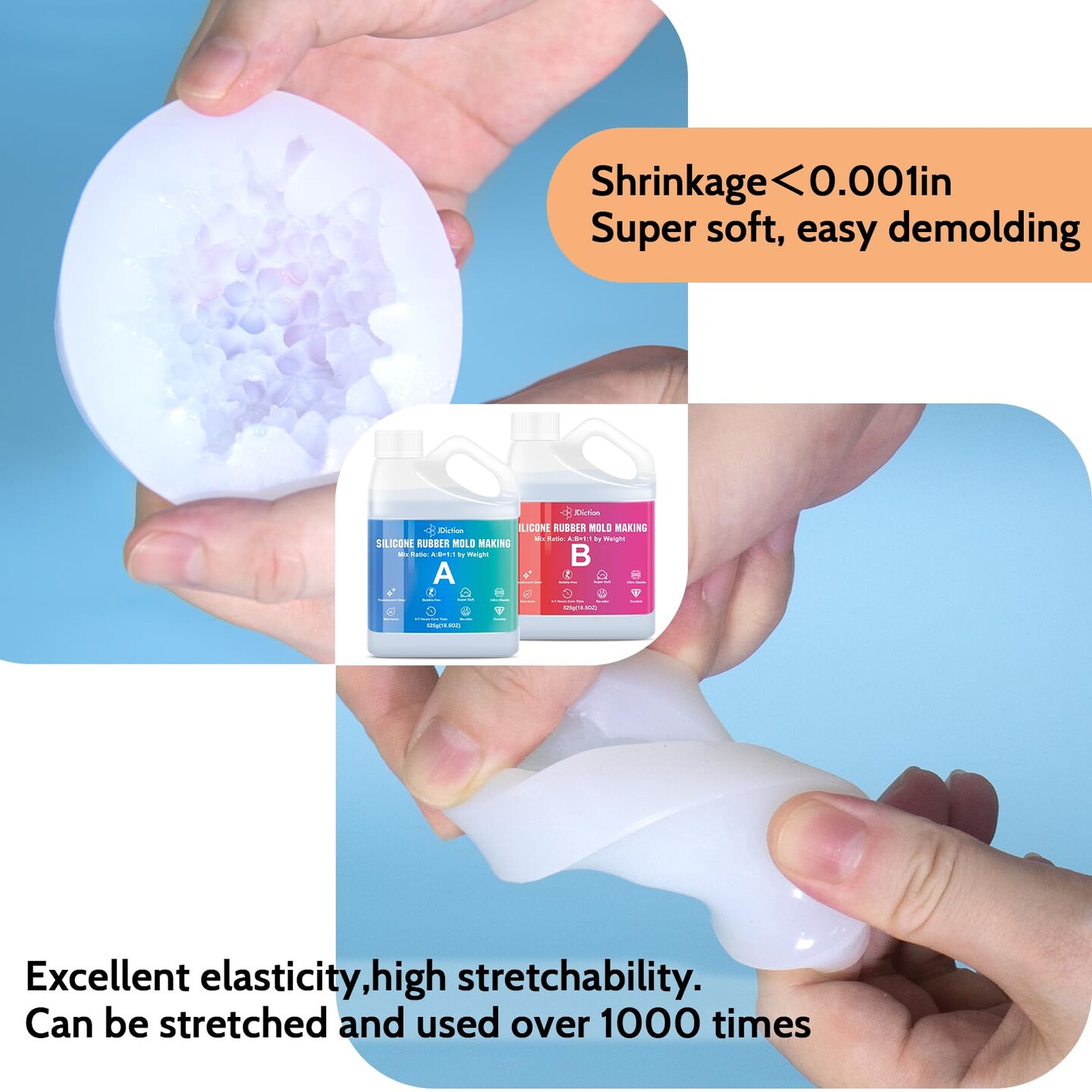 JDiction Silicone Mold Making Kit, Super Elastic Liquid Silicone for Mold Making with Pigment Paste, Fast Cure Flex Silicone Rubber for Casting Resin Molds and Detail Molds